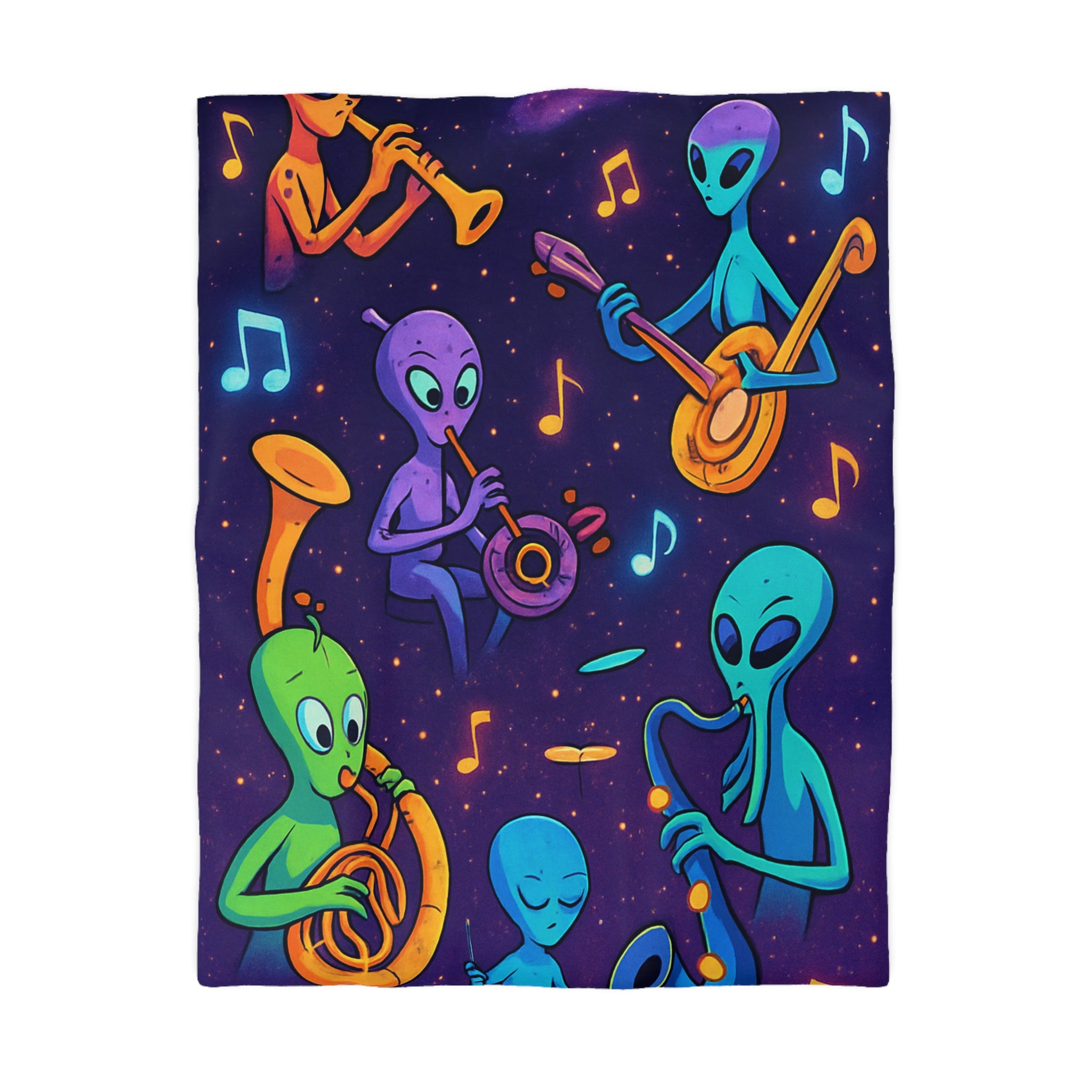 Housse de Couette Motif Aliens Musiciens Colorés Enchantant L'univers Spatial Fantastique