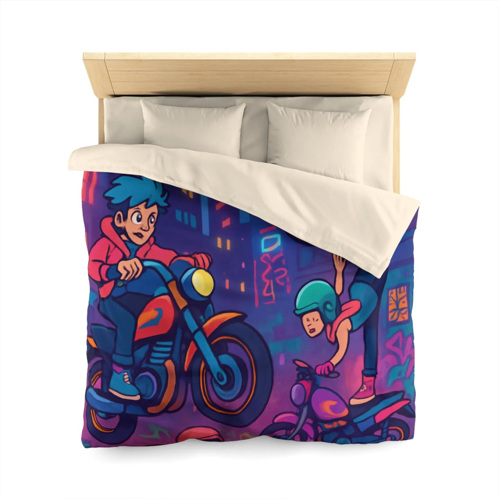 Housse de couette illustrée acrobaties moto urbaines néon dynamique style bande dessinée vibrante