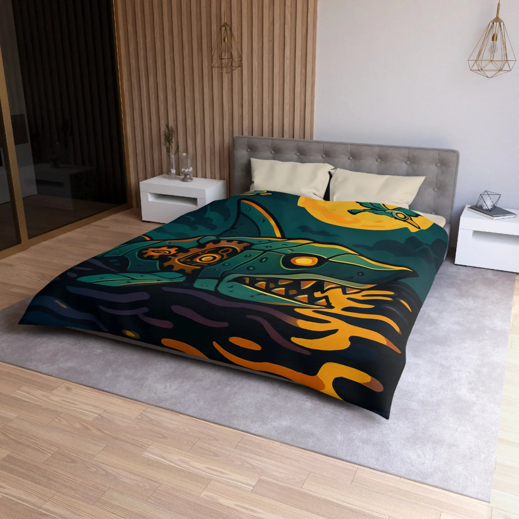 Housse de couette colorée avec requin mécanique sous lune dorée et oiseaux stylisés