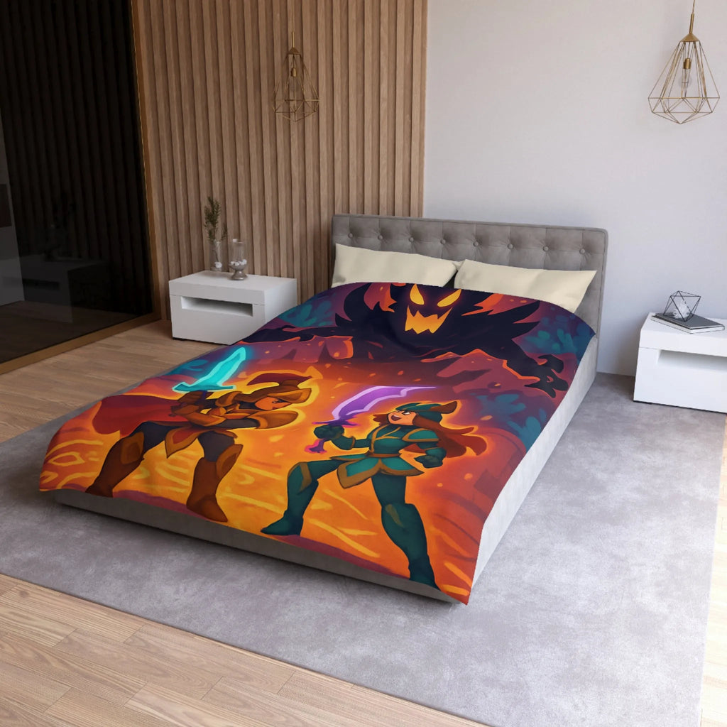 Housse de couette avec illustration fantasy de chevaliers affrontant ombre menaçante au théâtre