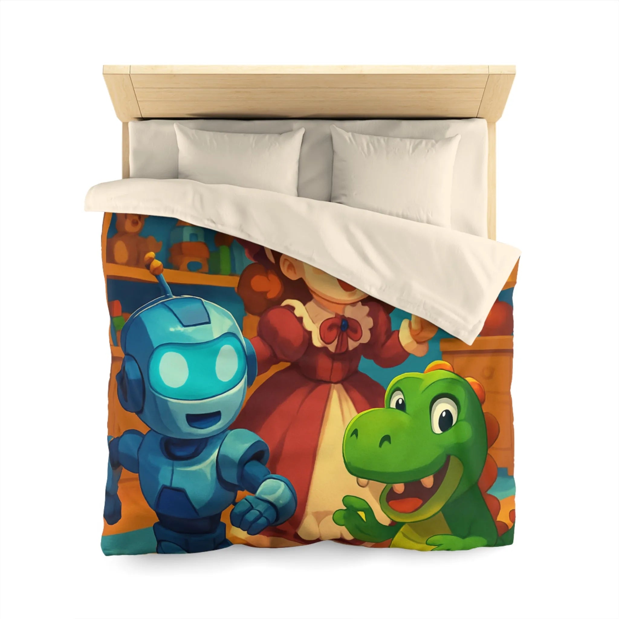 Housse de couette colorée avec robot, dinosaure et poupée en chambre enfantine