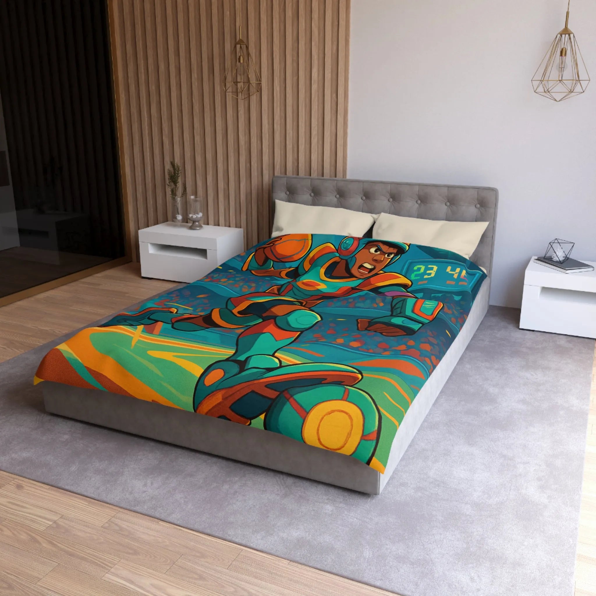 Housse de couette colorée avec joueur futuriste en action dans un stade dynamique