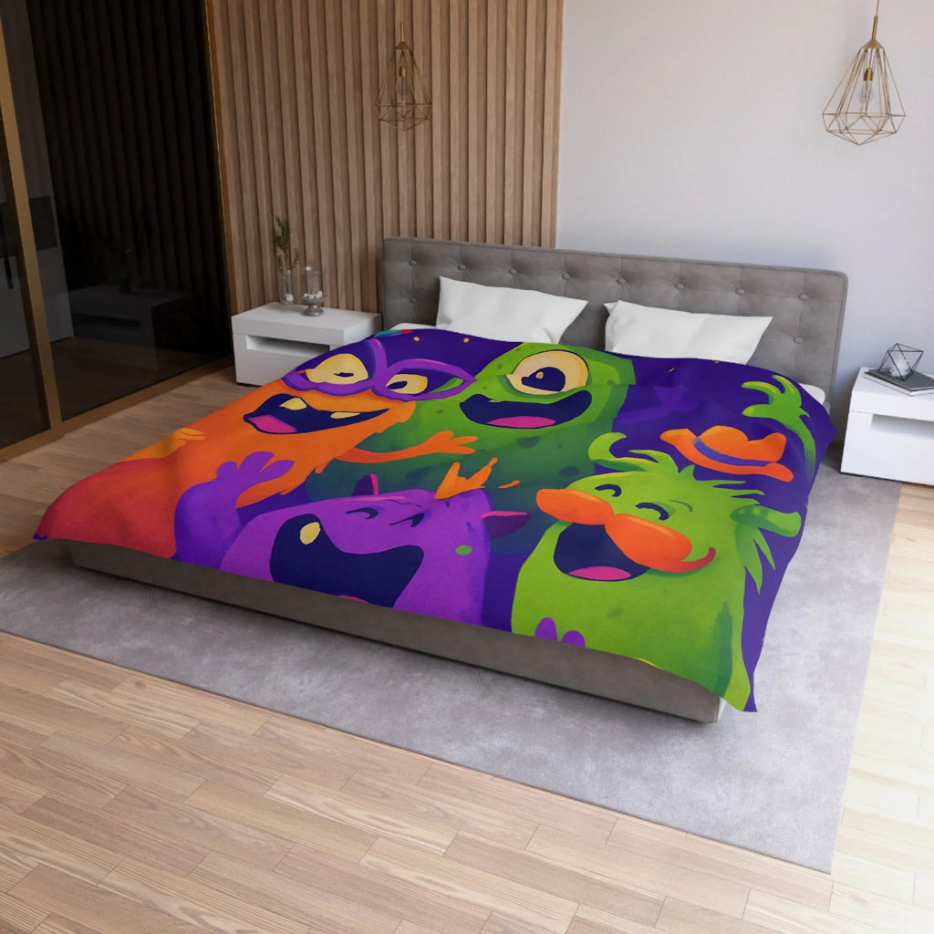 Housse de couette festive avec monstres colorés, ambiance joyeuse pour chambre d'enfant