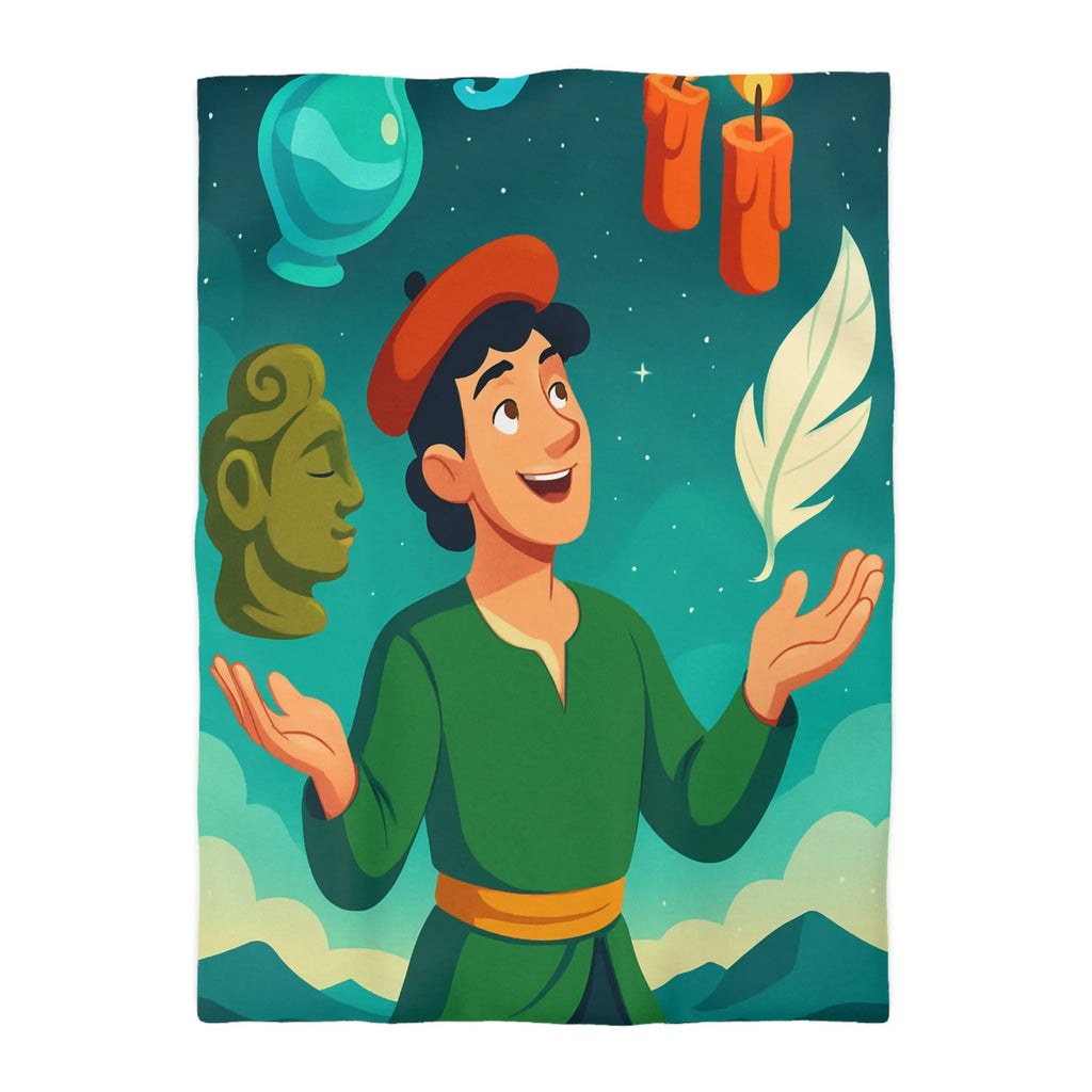 Housse de couette artistique avec personnage joyeux, nature et éléments magiques colorés