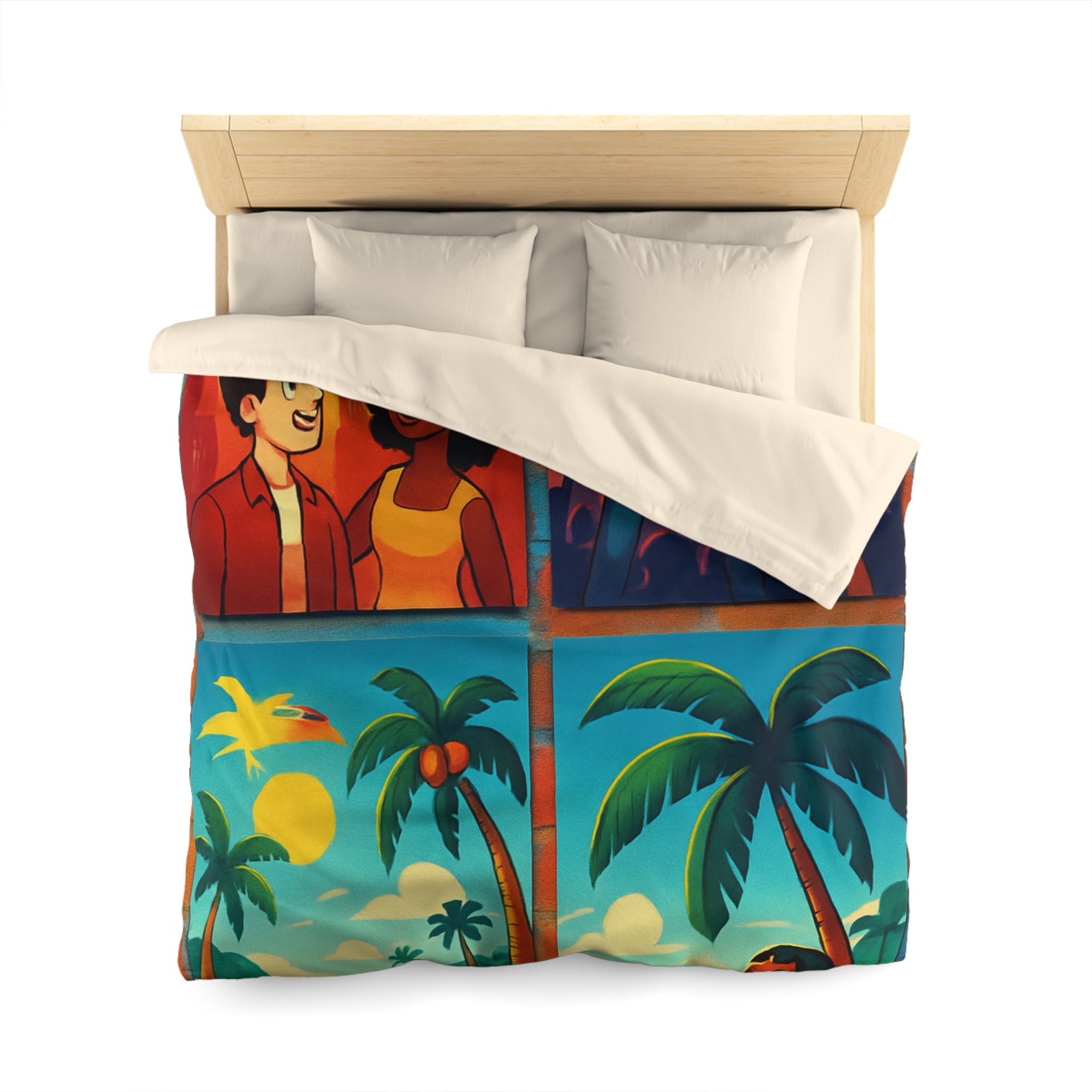 Vivid Tropical Scene with Cars, Fireworks, and Joyful Festivities for Colorful Bedroom Decor