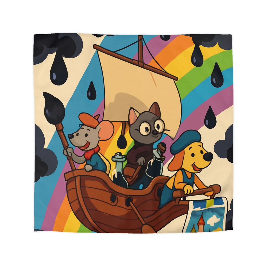 Housse de couette enfant avec animaux navigateurs sur arc-en-ciel et bateau enchanteur