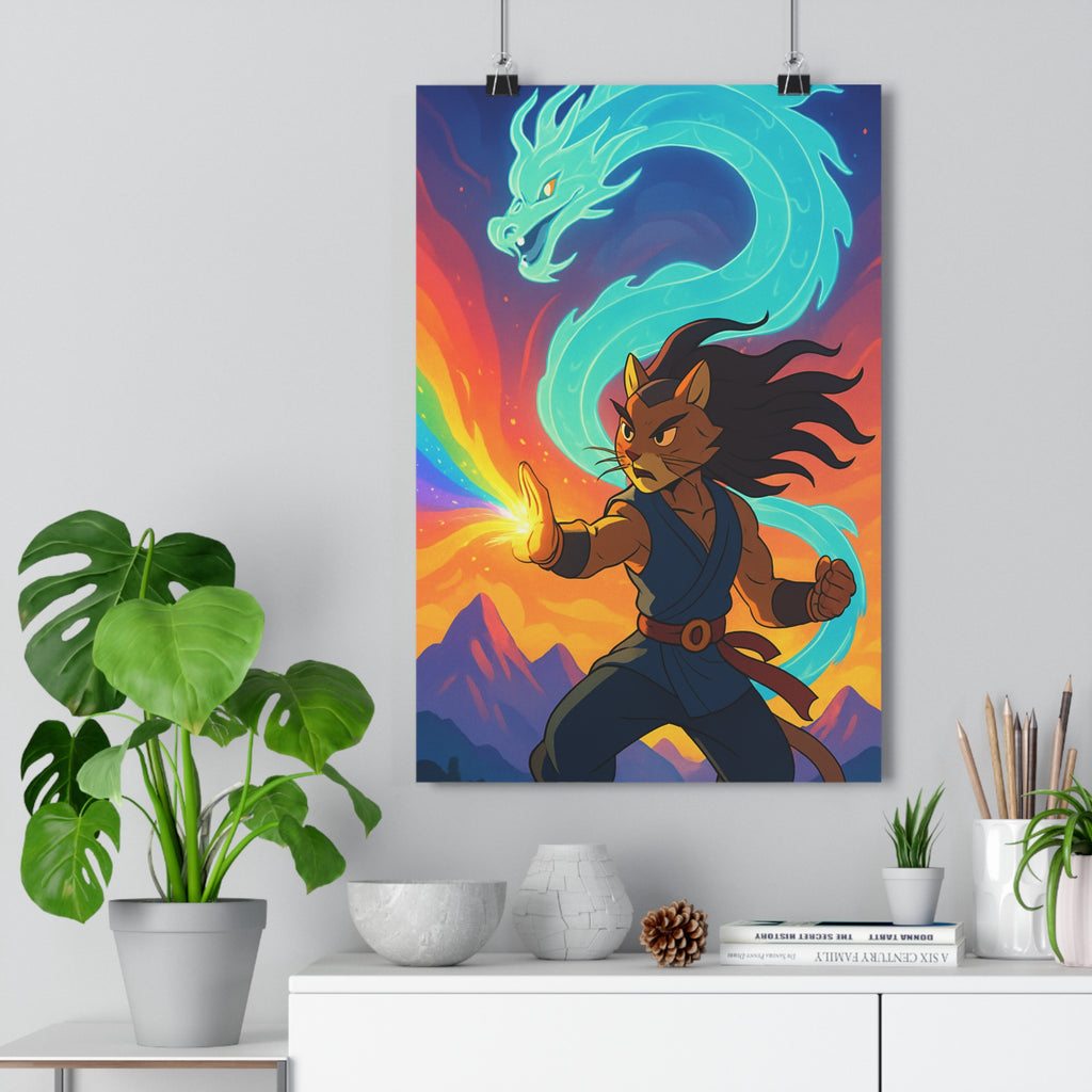Poster décoratif félin puissant bleu jaune mystique ambiance aventure dragon chambre salon format 30x46