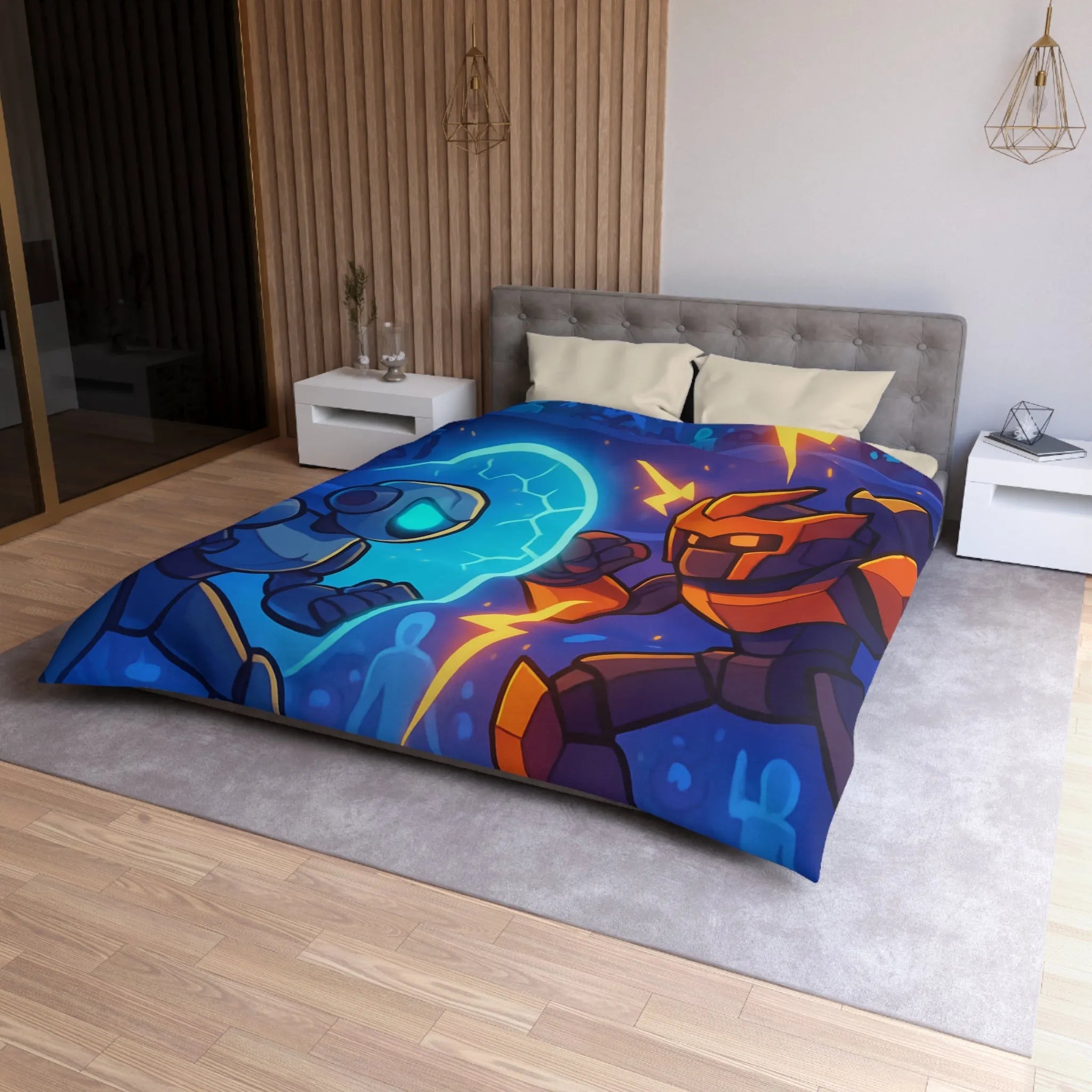 Housse de couette avec robots futuristes en duel, éclairs et énergie dans l'arène