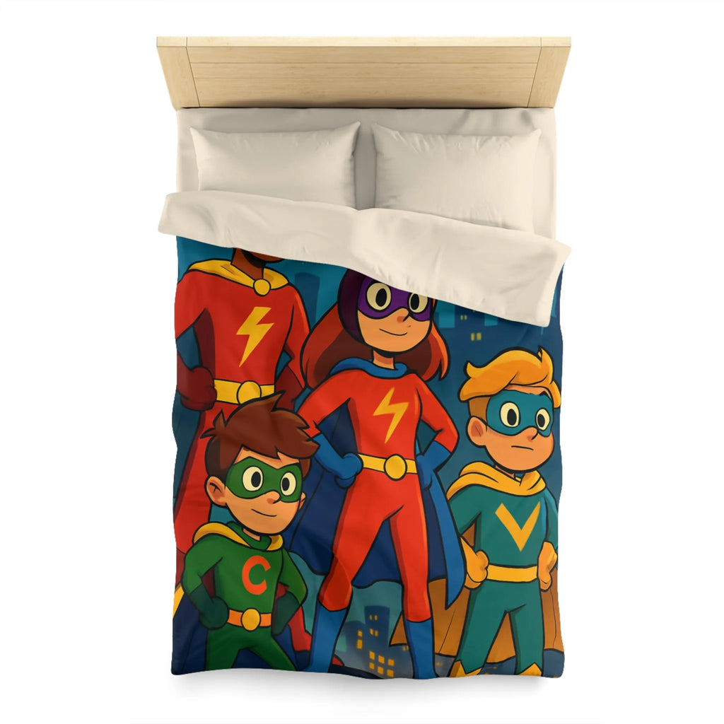 Housse de couette colorée super-héros pour enfants avec scène urbaine lumineuse et joyeuse