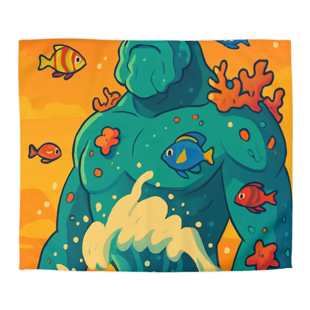 Housse de Couette Océanique avec Illustration Vibrante de Neptune et Poissons Multicolores