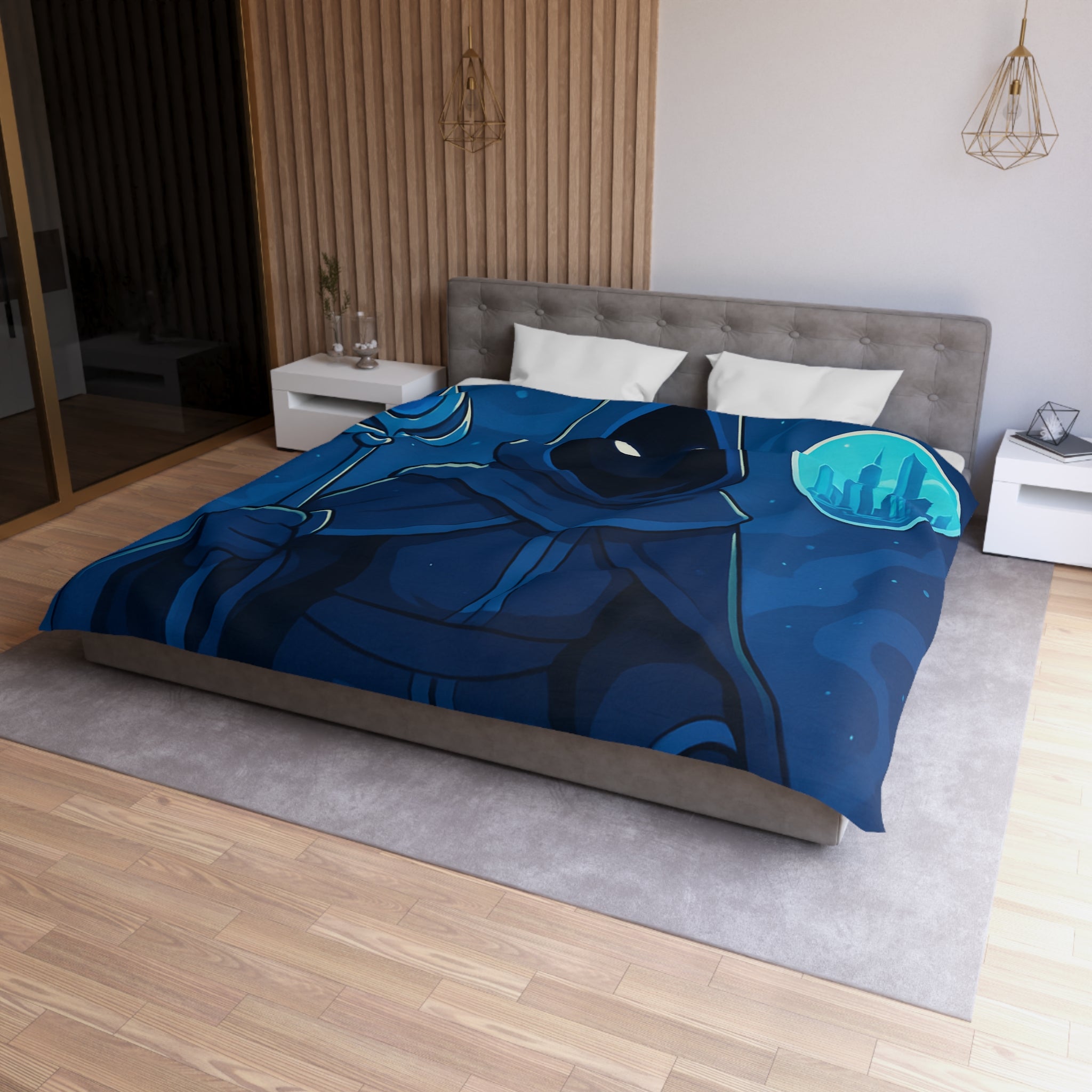 Housse de couette mystique avec sorcier et paysages fantastiques pour chambre à thème magique