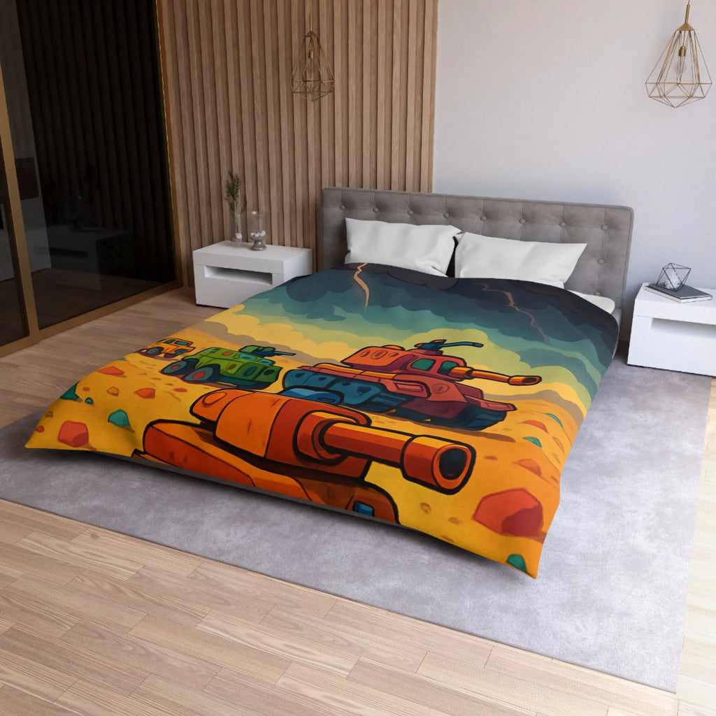 Housse de couette avec tanks colorés sur fond orageux pour chambre enfant unique