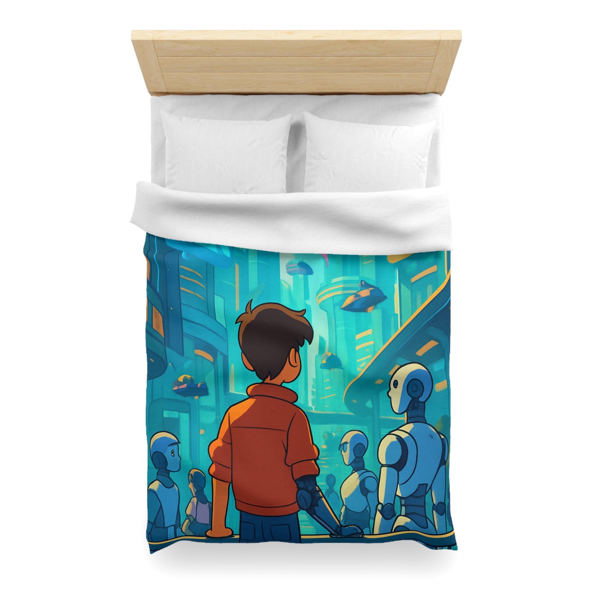 Housse de couette urbaine futuriste avec robots et affiches lumineuses pour chambre moderne