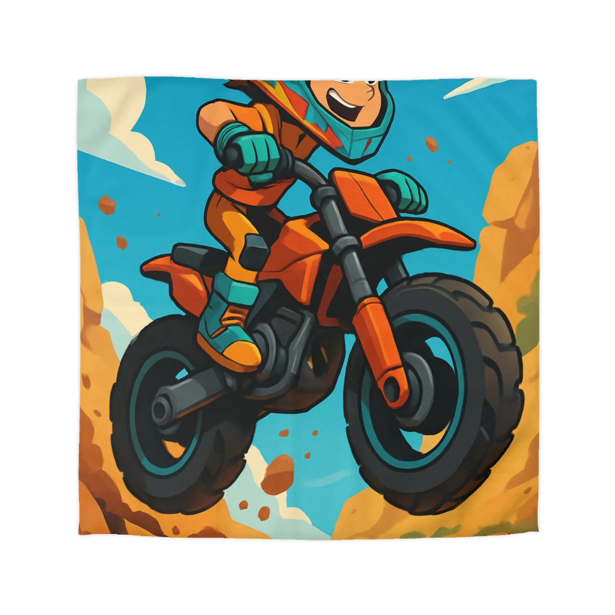 Housse de couette enfant motocross orange avec paysage montagneux et ciel bleu vif