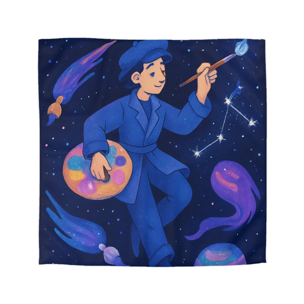 Housse de couette cosmique artiste peignant étoiles galaxies planètes bleues et violettes