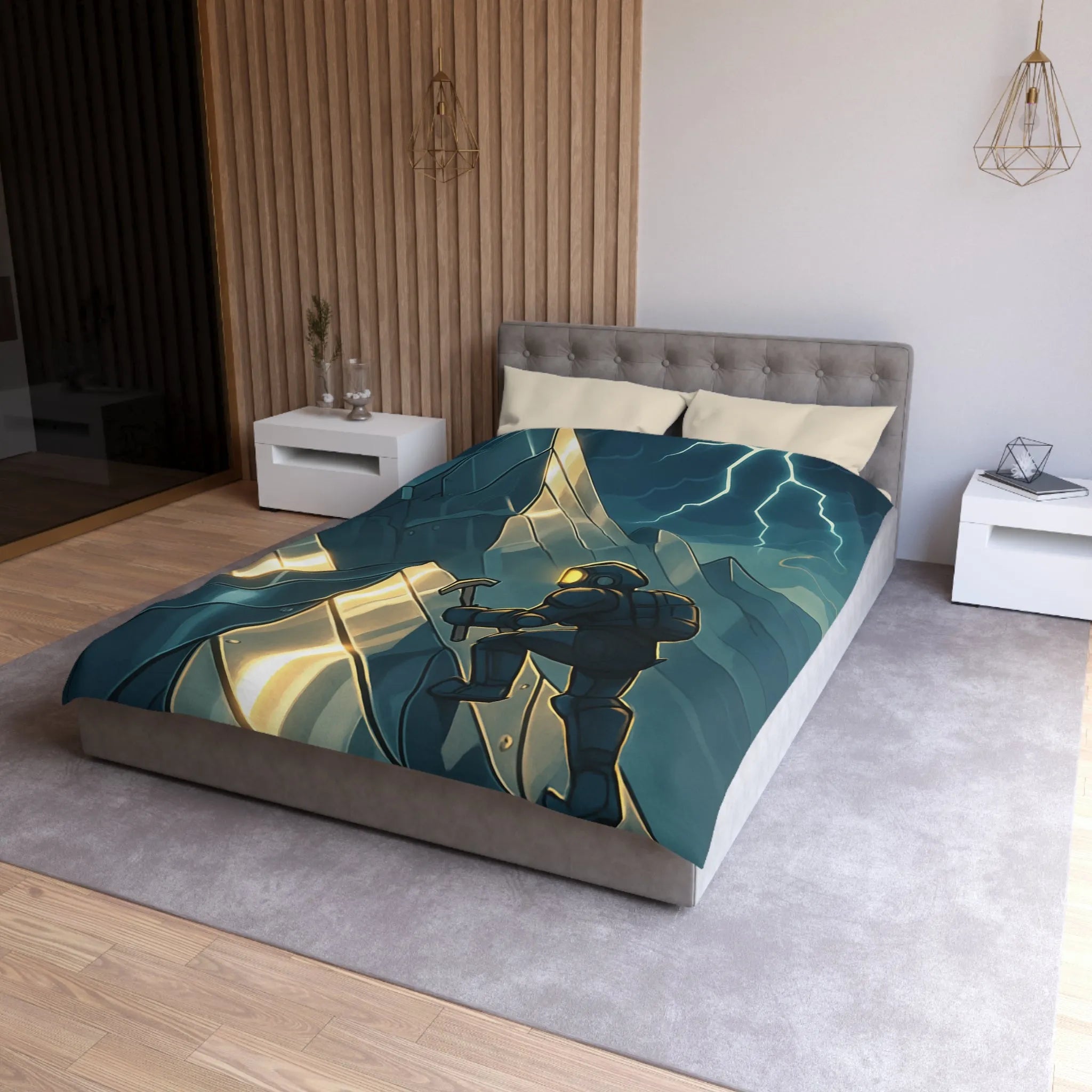Housse de couette futuriste avec alpiniste et montagnes sous orage électrique