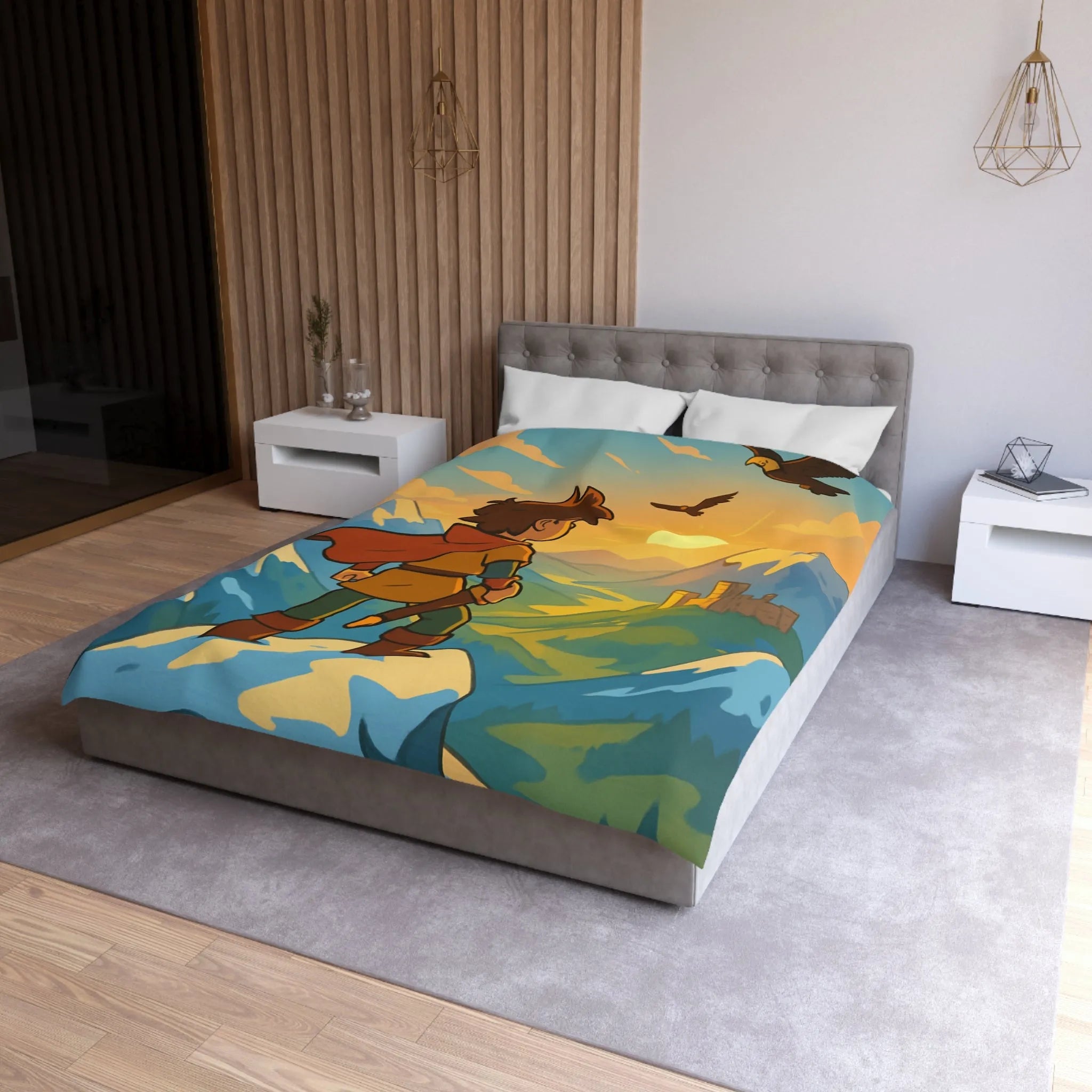 Housse de couette avec paysage montagneux, jeune aventurier et châteaux au coucher de soleil