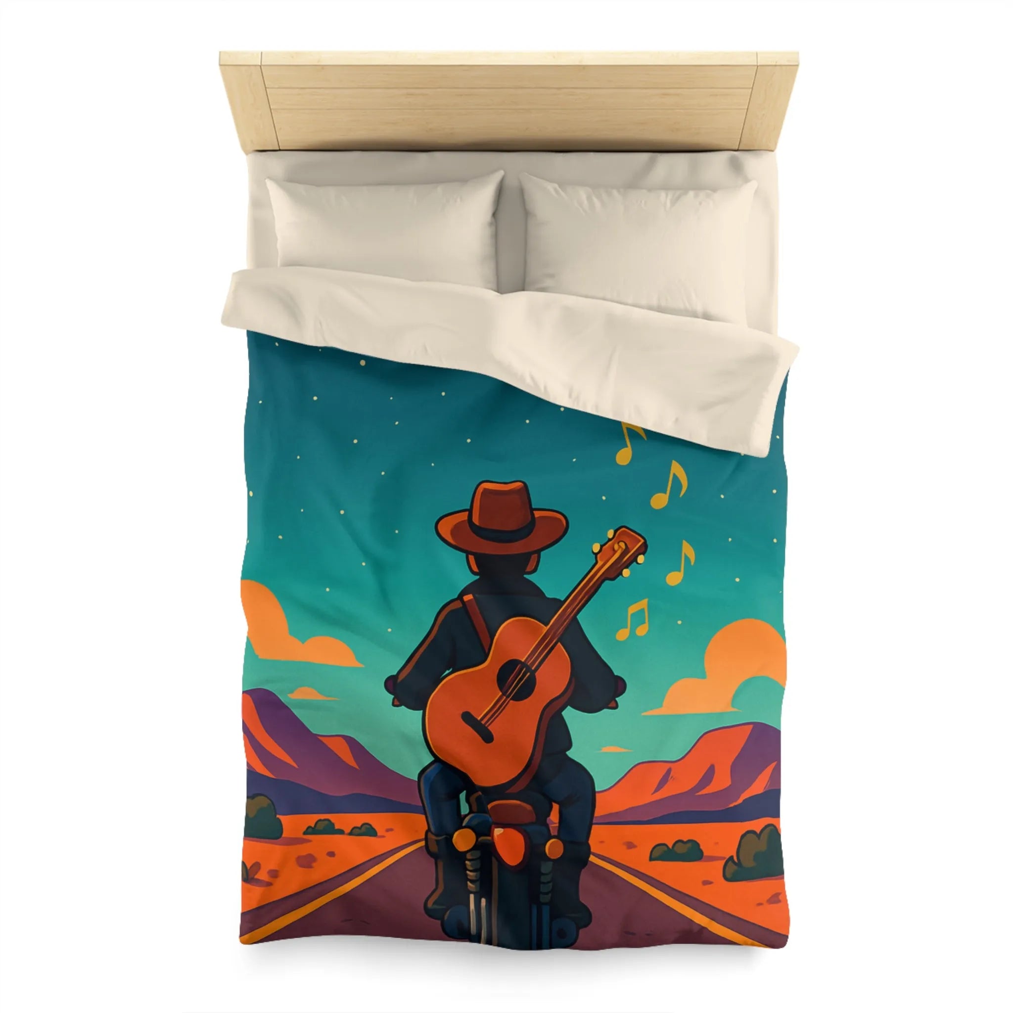 Housse de couette illustrée avec musicien en moto sous ciel étoilé et montagnes