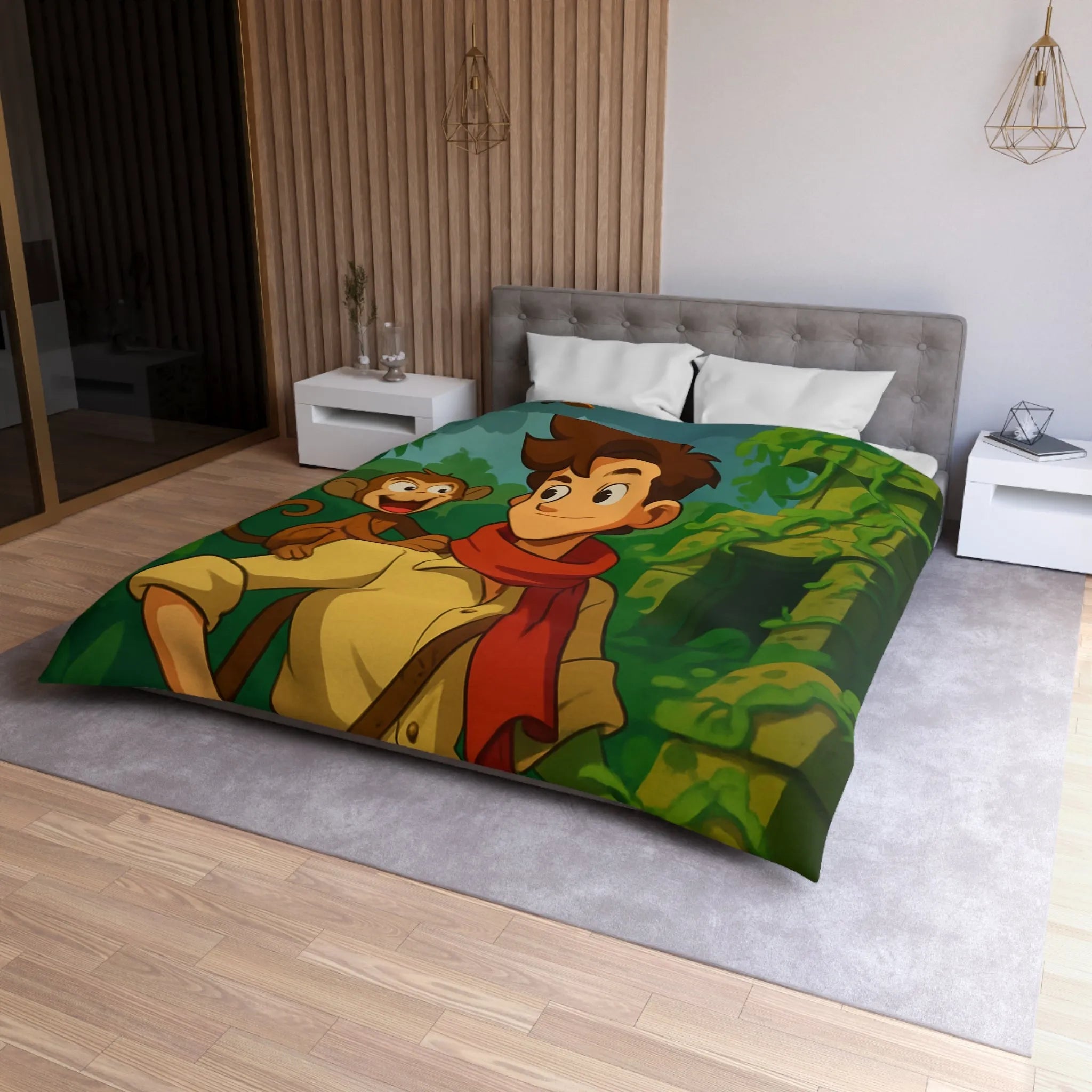 Housse de couette jungle aventure avec singe, avion biplan et ruines mystérieuses