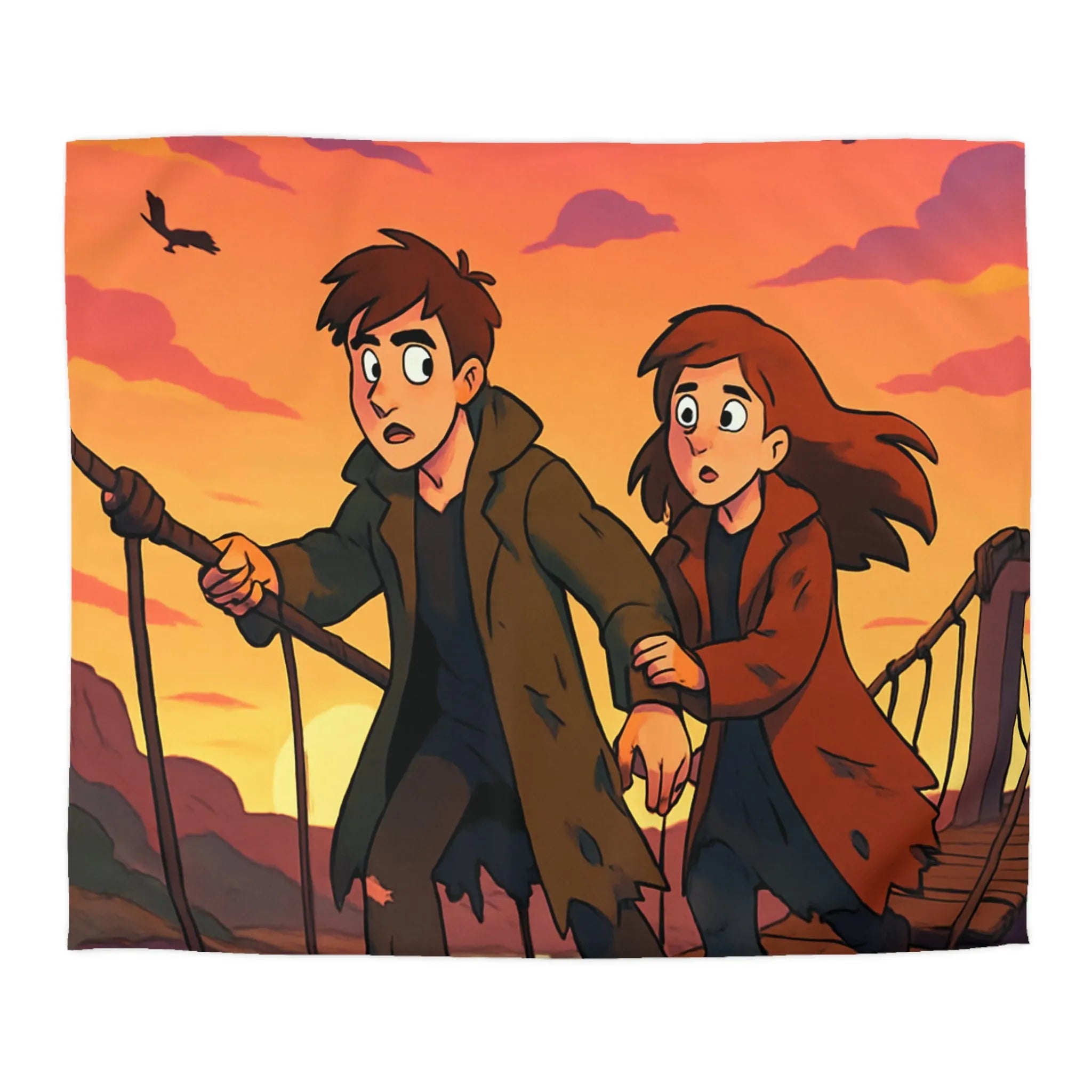 Housse de couette avec pont suspendu et ciel orange au coucher du soleil