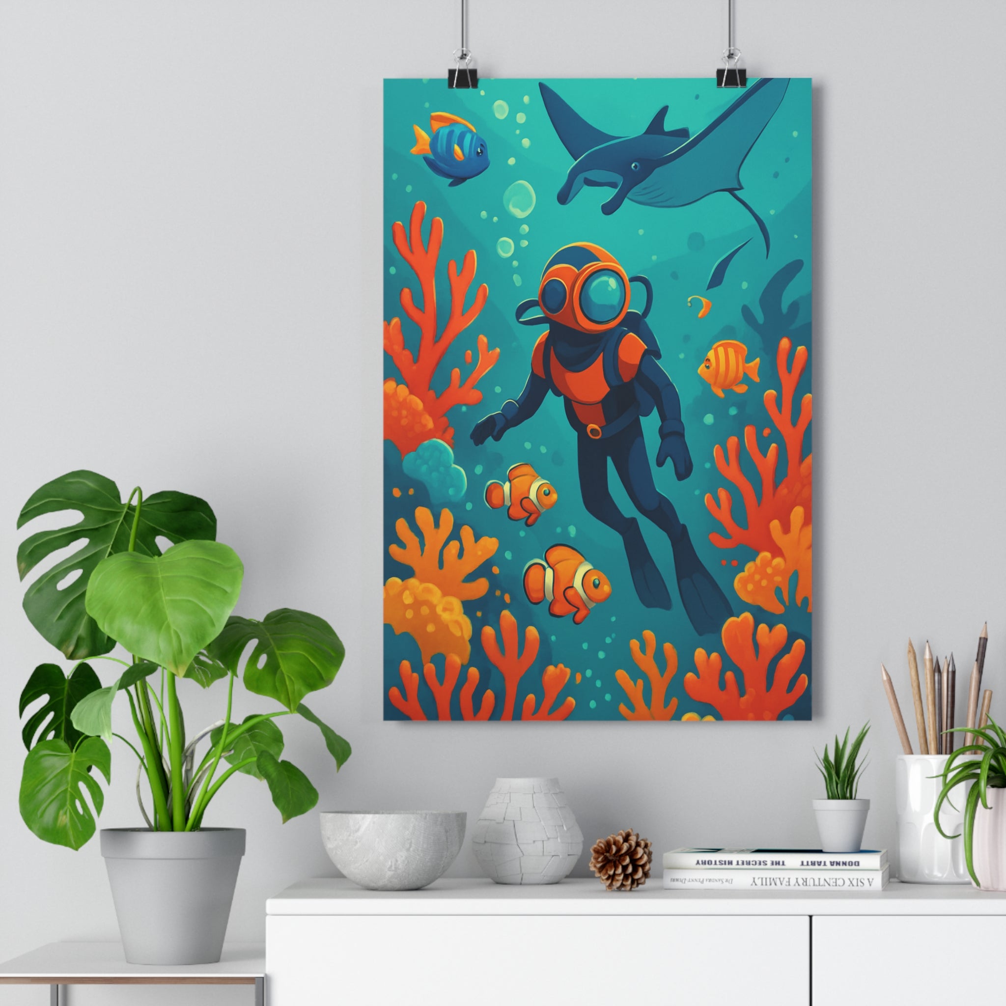 Poster décoratif sousmarine orange bleu cartoon ludique enfant aventure coloré plongeur poissons coraux chambre