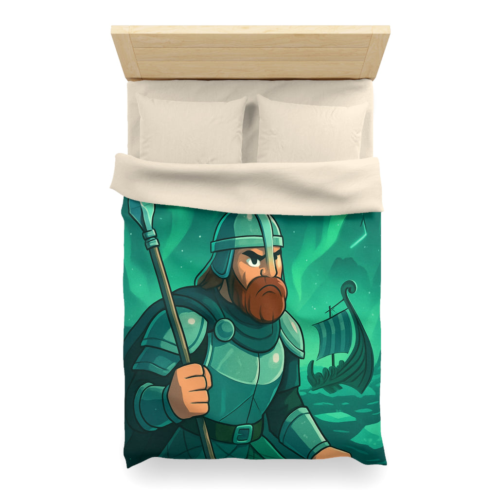 Housse de Couette Viking Vert Émeraude avec Guerrier et Aurores Boréales pour Chambre