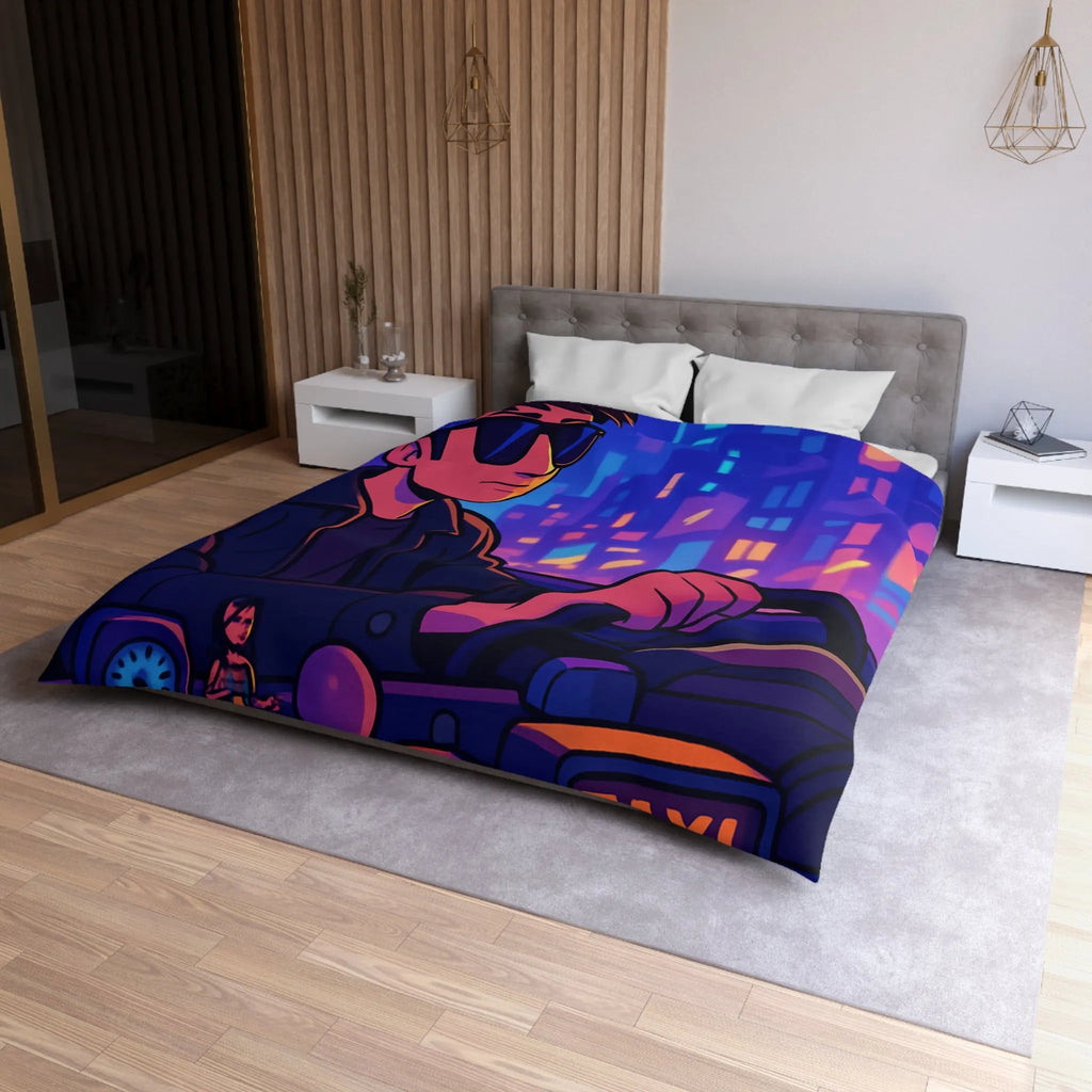 Housse de couette avec illustration rétro taxi urbain style néon pour chambre moderne