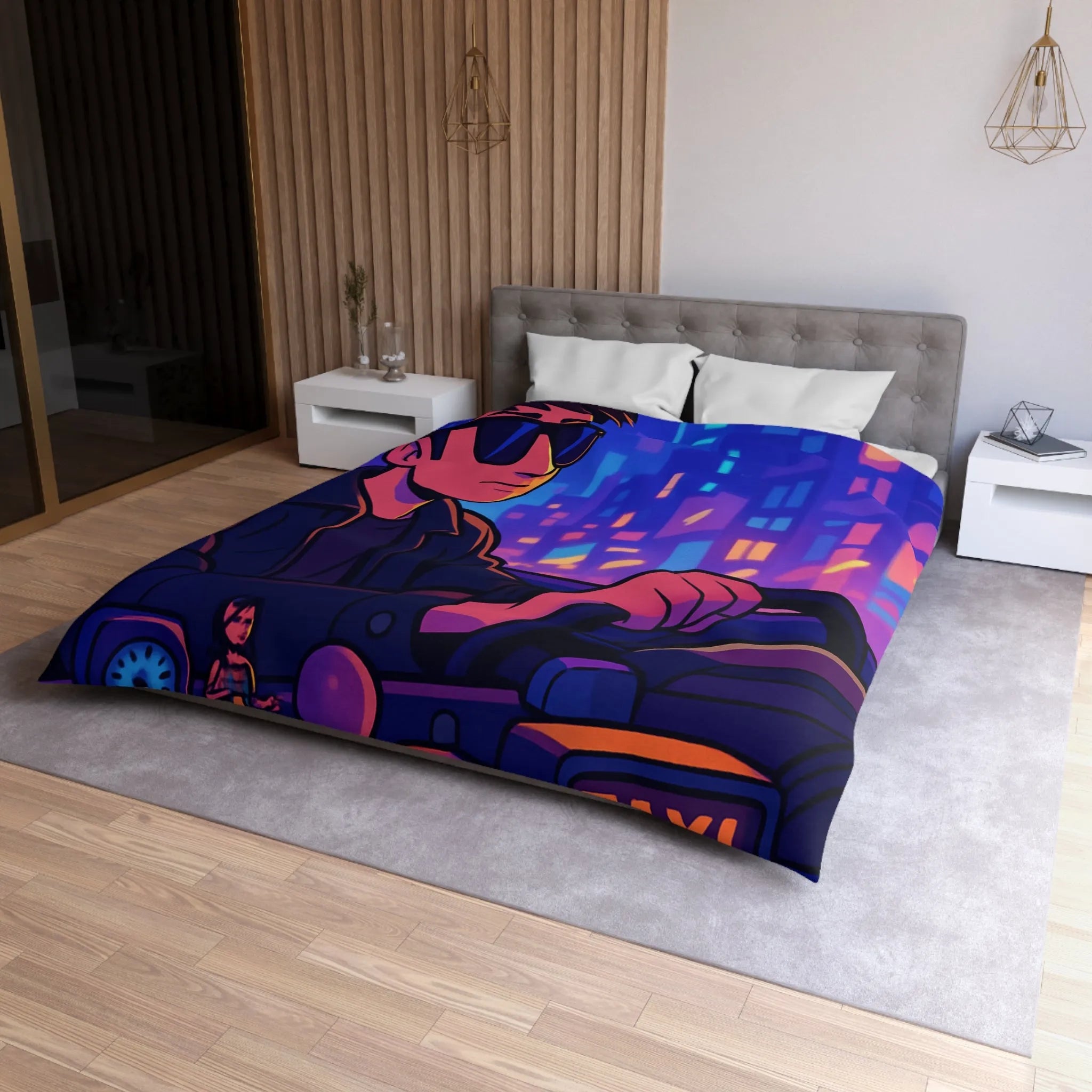 Housse de couette avec illustration rétro taxi urbain style néon pour chambre moderne