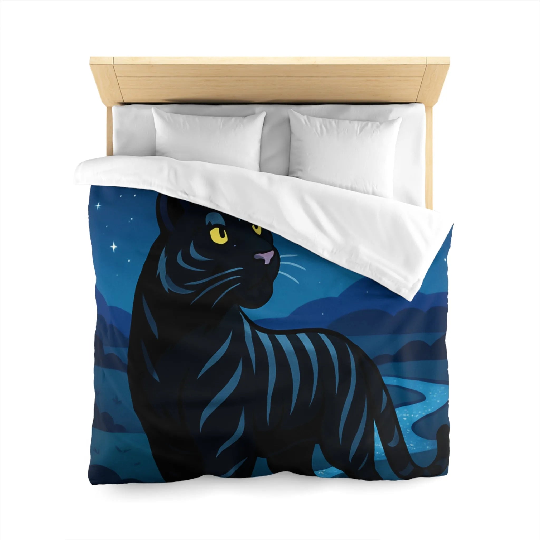 Housse de couette étoilée : Chat noir constellé sous une pleine lune éclatante