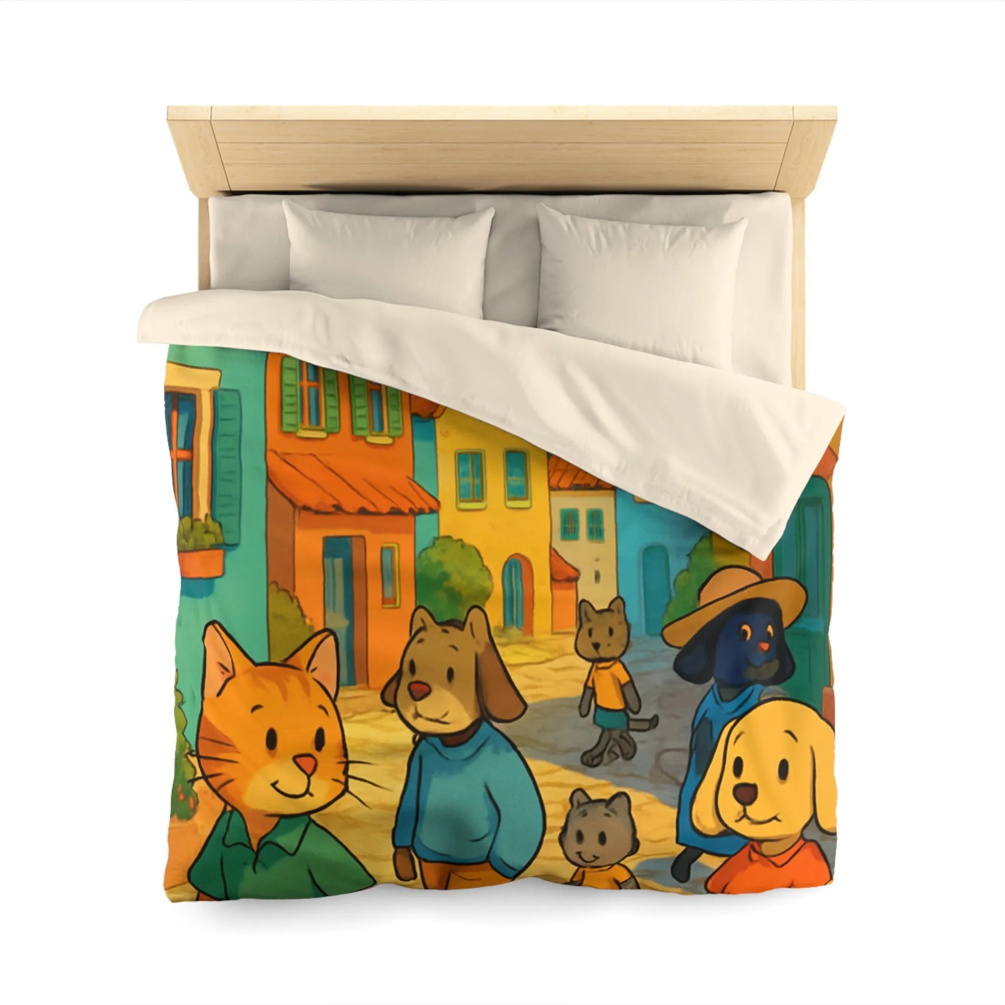 Housse de Couette Colorée avec Animaux Anthropomorphes et Lighthouse sur Rue ensoleillée