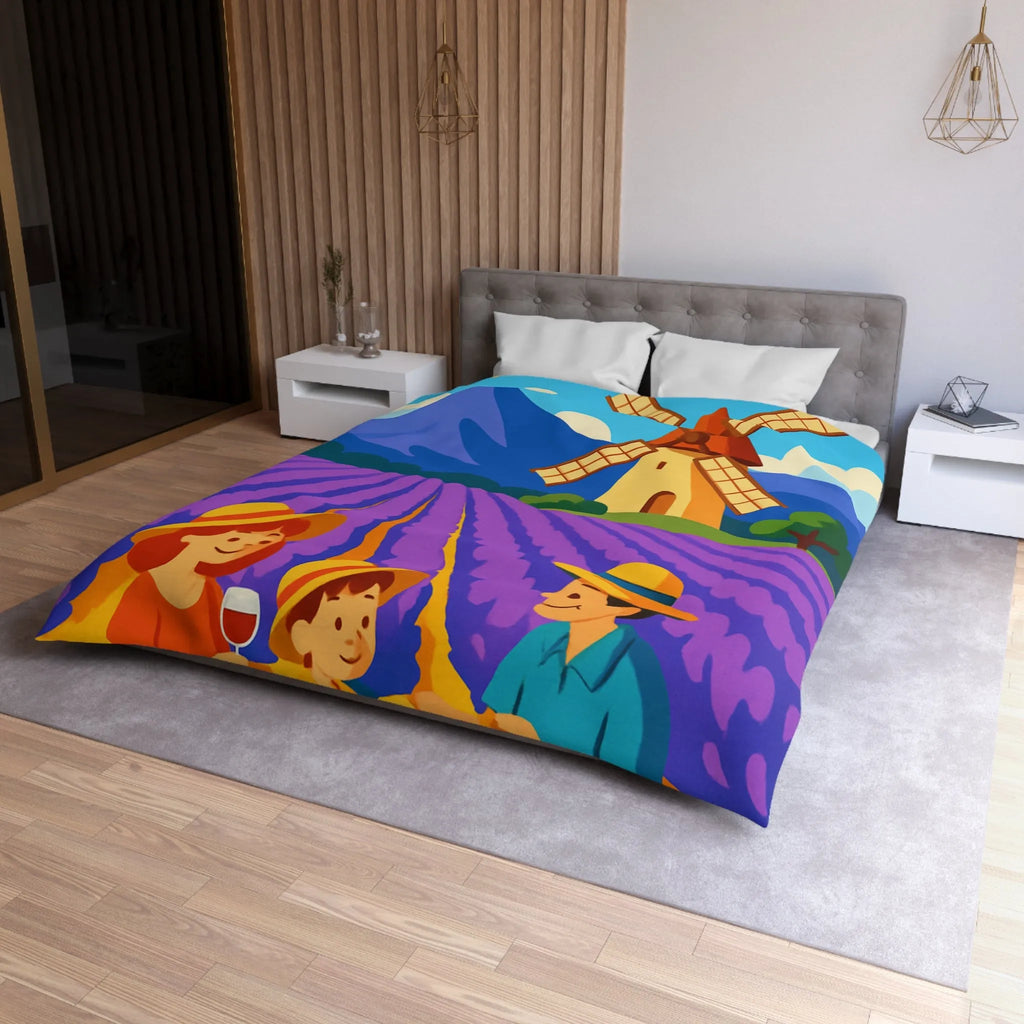 Housse de Couette Illustrée Scène de Pique-Nique en Provence avec Moulin à Vent