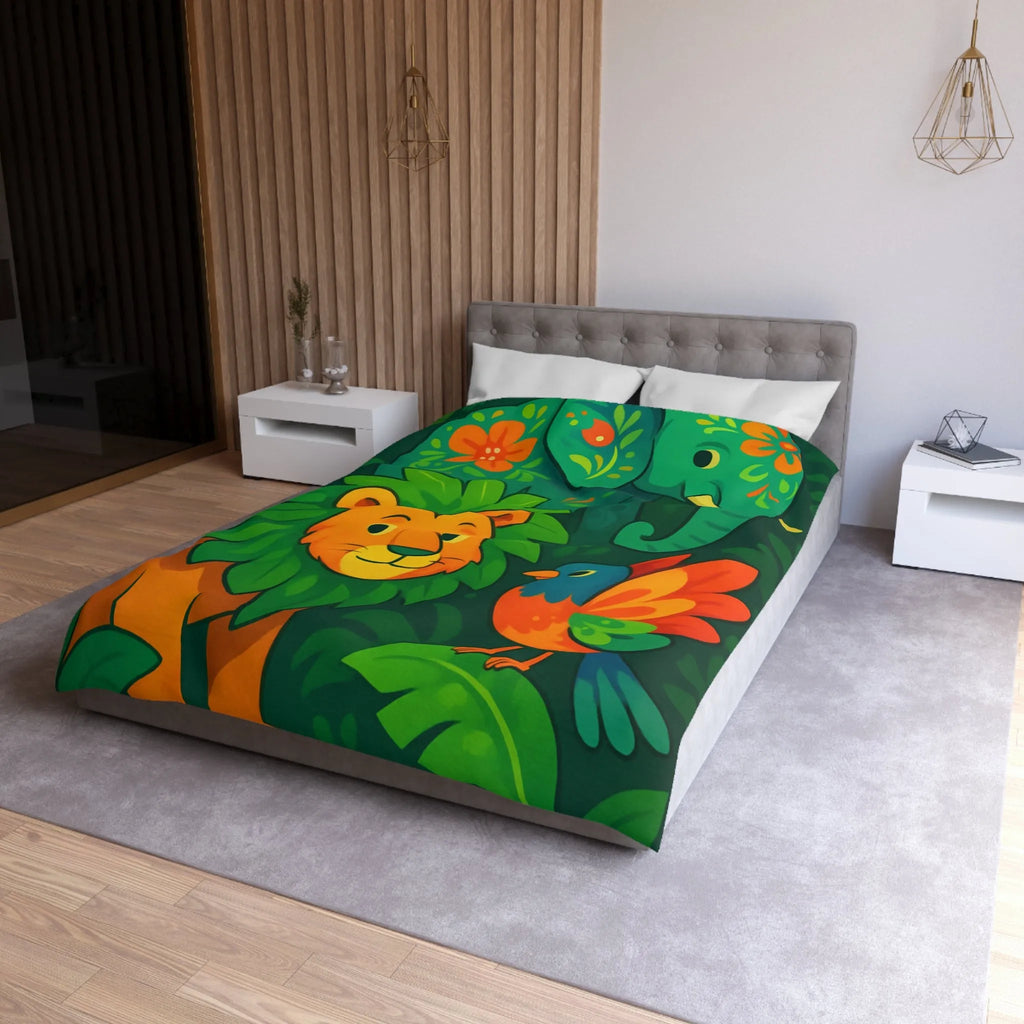 Housse de couette jungle colorée avec éléphant lion et oiseau tropical pour enfants