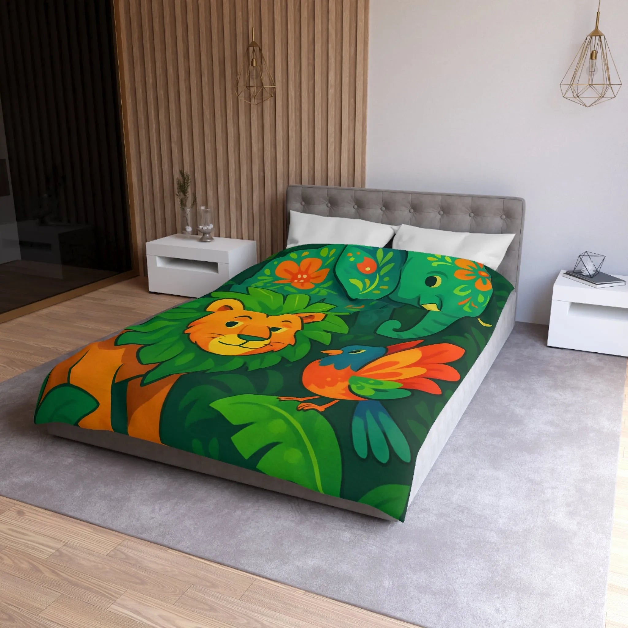 Housse de couette jungle colorée avec éléphant lion et oiseau tropical pour enfants