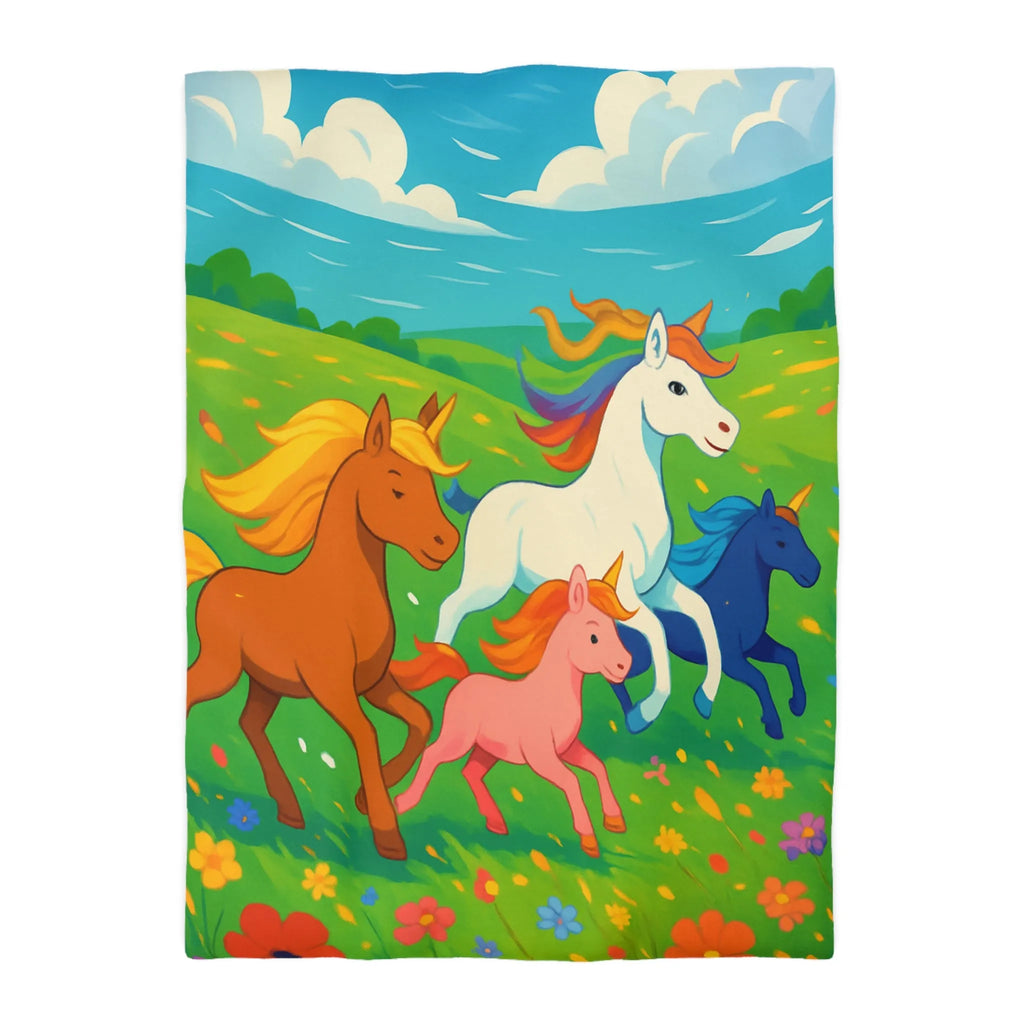 Housse de couette colorée avec prairies luxuriantes et chevaux arc-en-ciel en galop