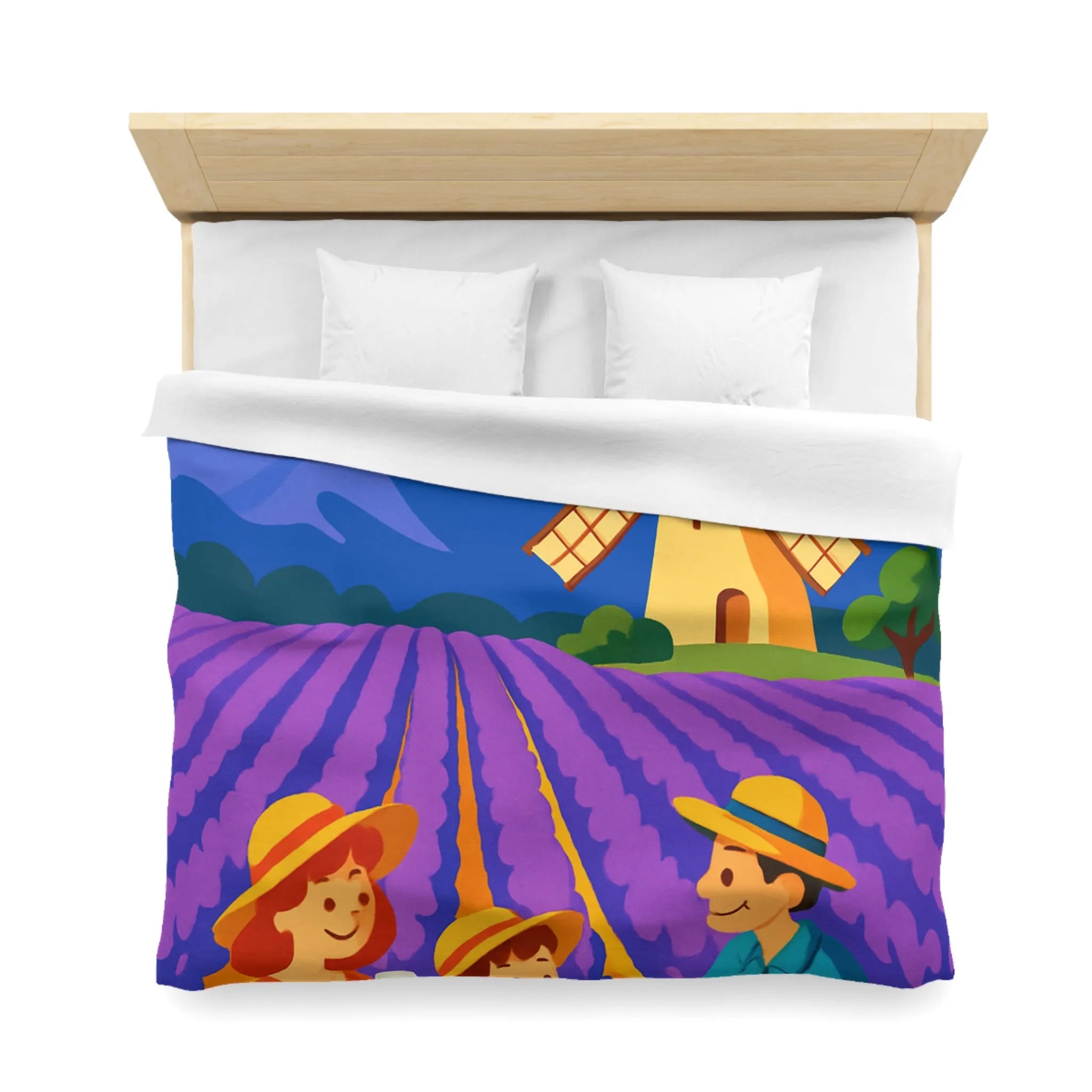 Housse de Couette Illustrée Scène de Pique-Nique en Provence avec Moulin à Vent