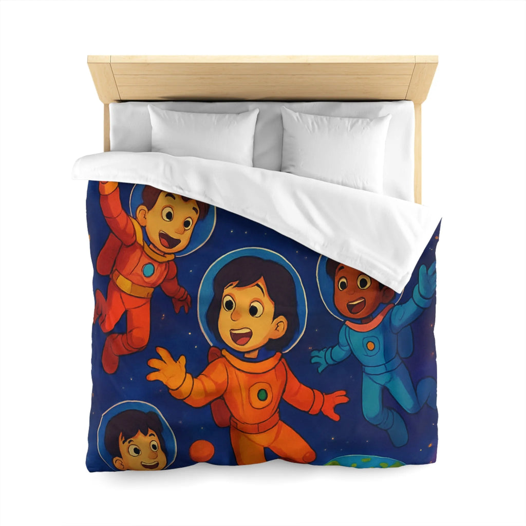 Housse de couette enfants avec astronautes joyeux flottant dans l'espace coloré et planètes