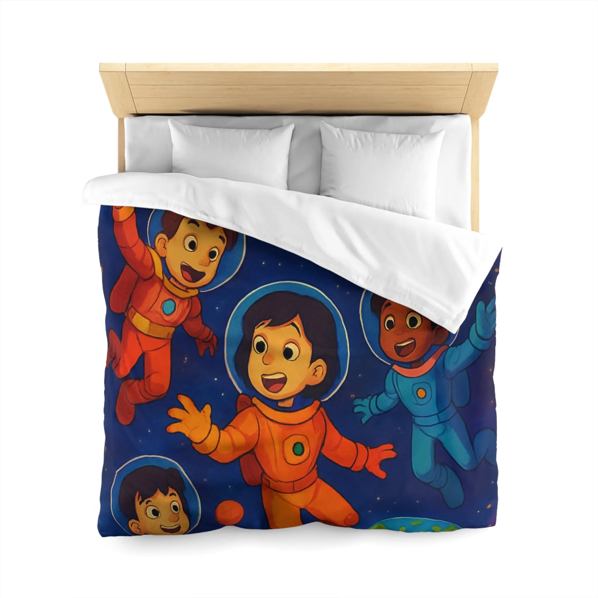 Housse de couette enfants avec astronautes joyeux flottant dans l'espace coloré et planètes