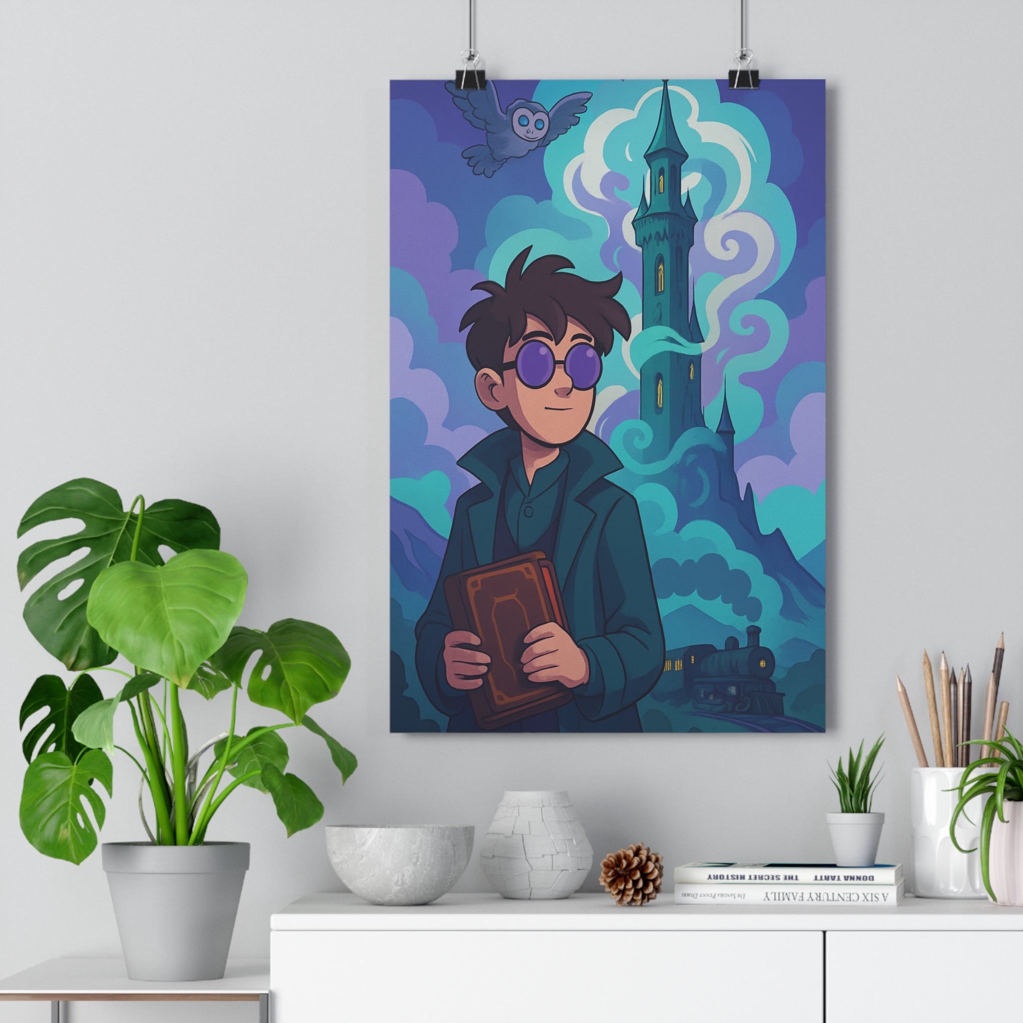 Poster décoratif mystique personnage jeune lunettes livre ancien tour magique chambre enfant cartoon vibrant