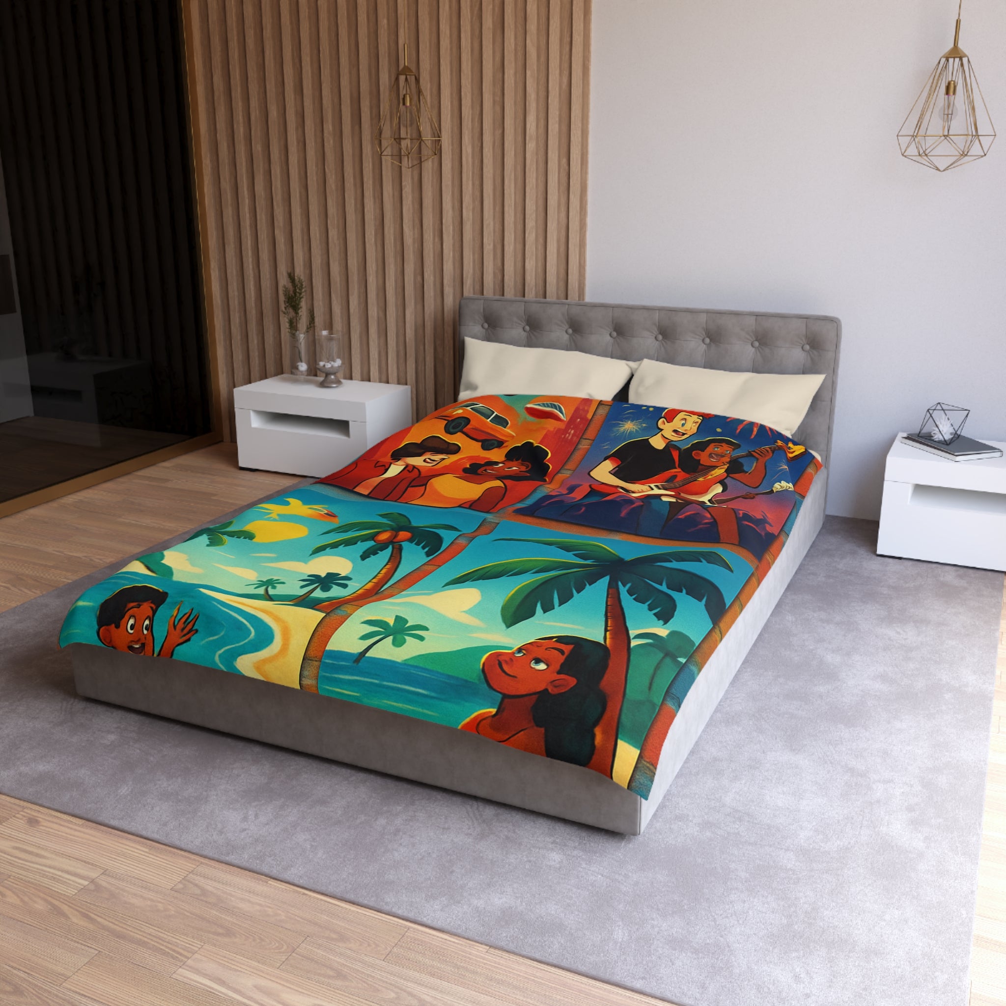 Vivid Tropical Scene with Cars, Fireworks, and Joyful Festivities for Colorful Bedroom Decor