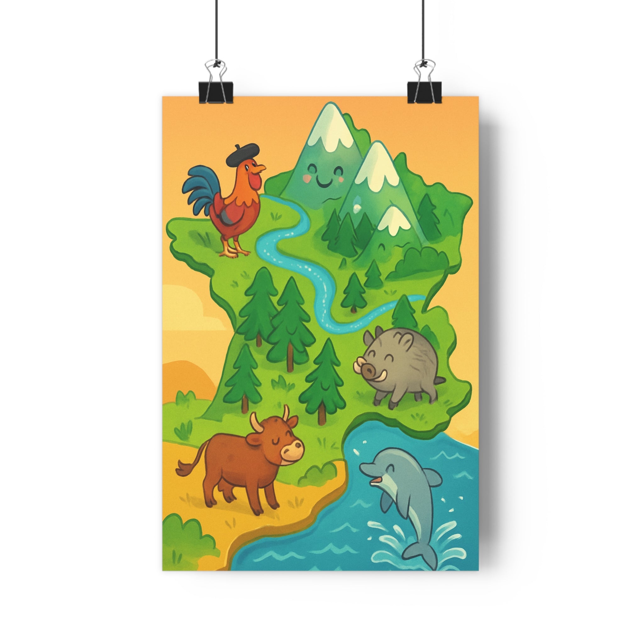 Poster décoratif carte France coloré cartoon enfant ludique joyeux montagne animal ambiance chambre 30x46