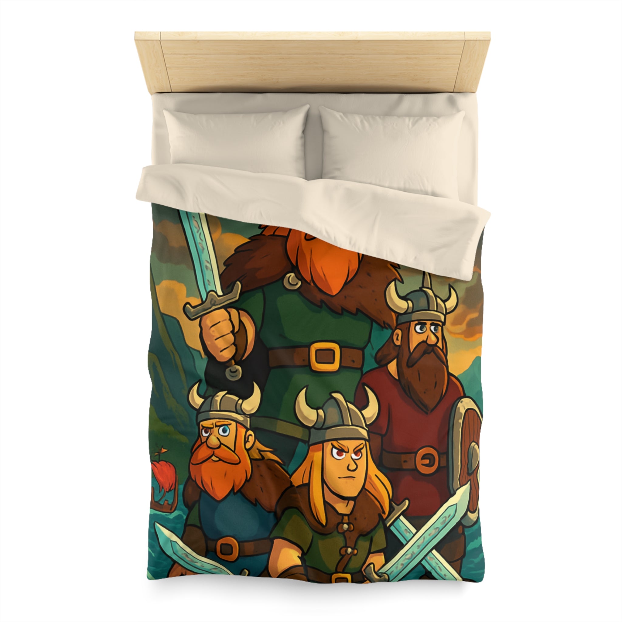 Housse de couette viking épique avec des guerriers et paysage dramatique