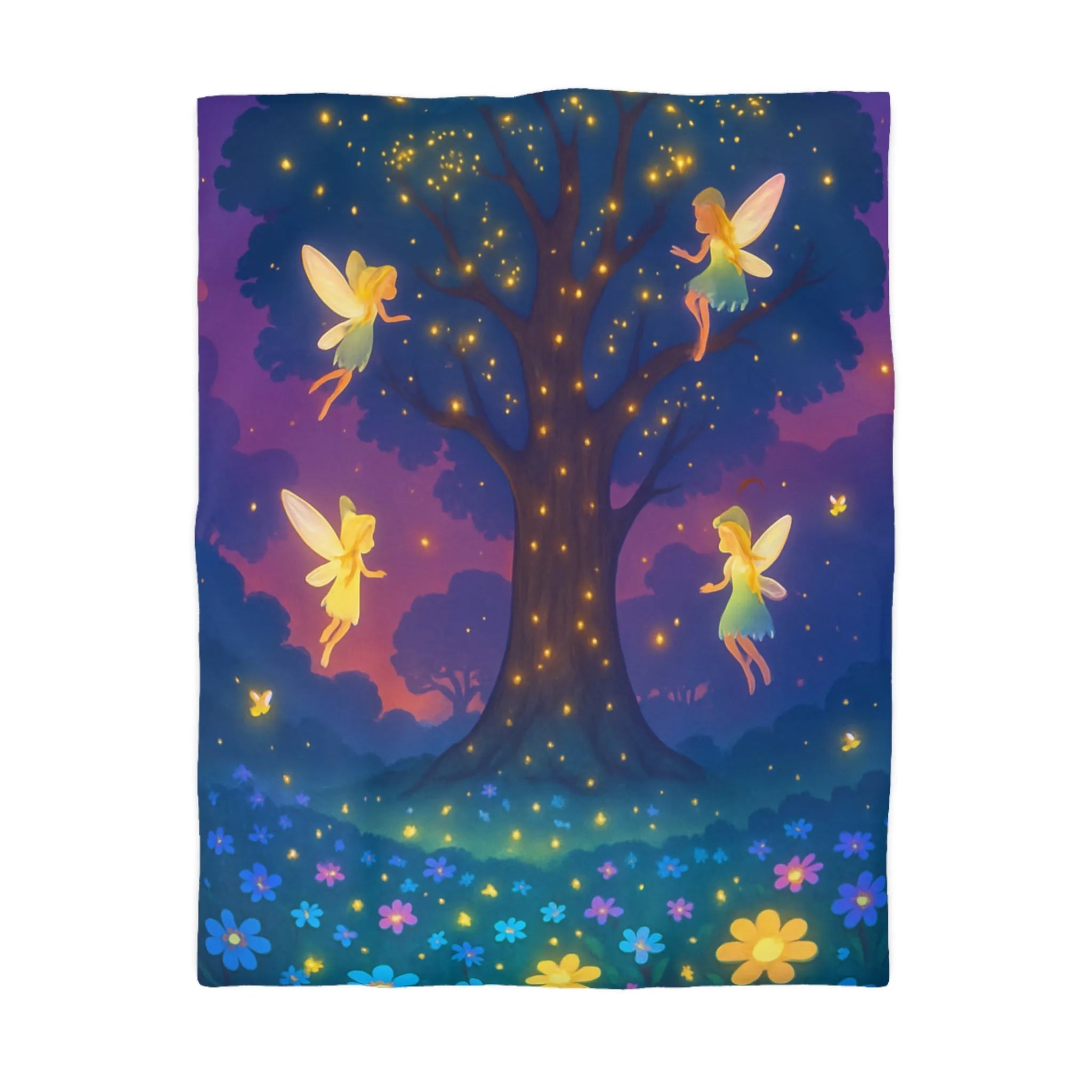 Housse de couette féérique avec fées lumineuses et fleurs colorées pour chambre magique