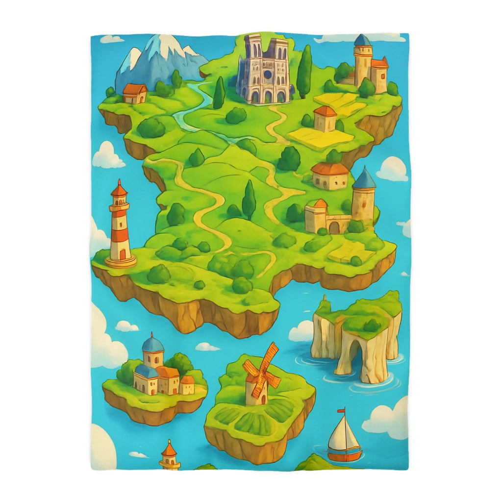 Housse de Couette Fantaisie Île Flottante Paysage Coloré Mer Moulins et Phare