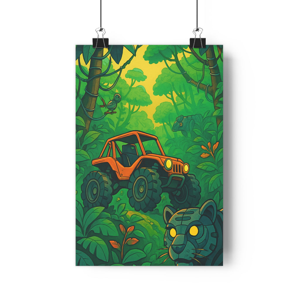 Poster décoratif jungle mécanique vert orange steampunk aventure bureau chambre vibrant intrigant unique véhicule