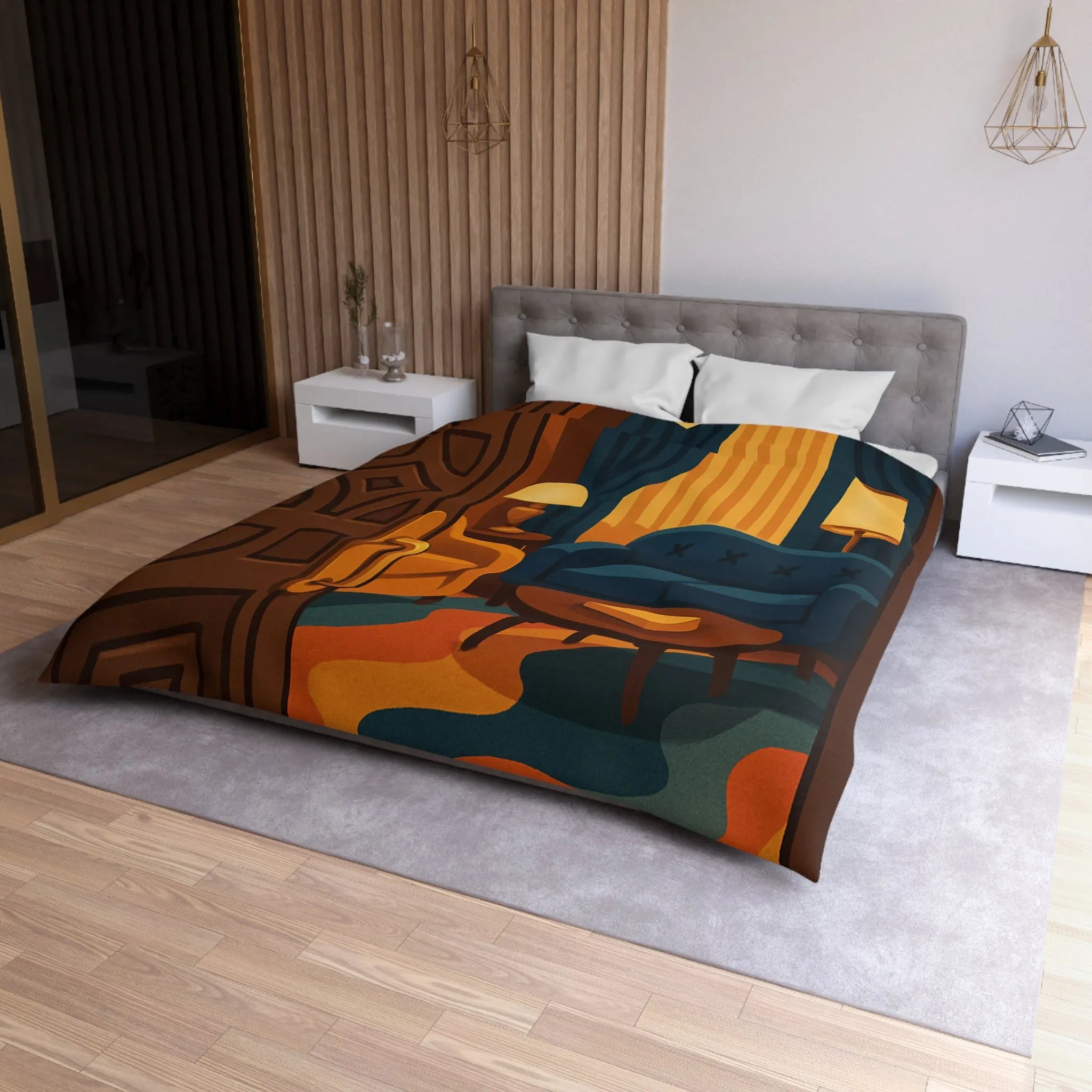 Élégante chambre rétro avec fauteuils modernes et rideaux en velours bleu nuit