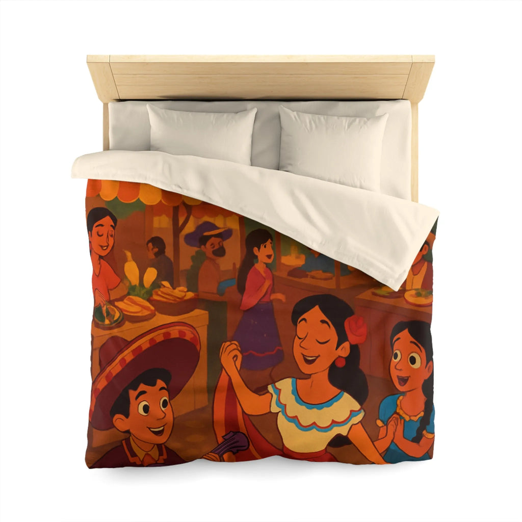 Housse de Couette Illustrée avec Scène Festive Colorée du Marché Nocturne Traditionnel