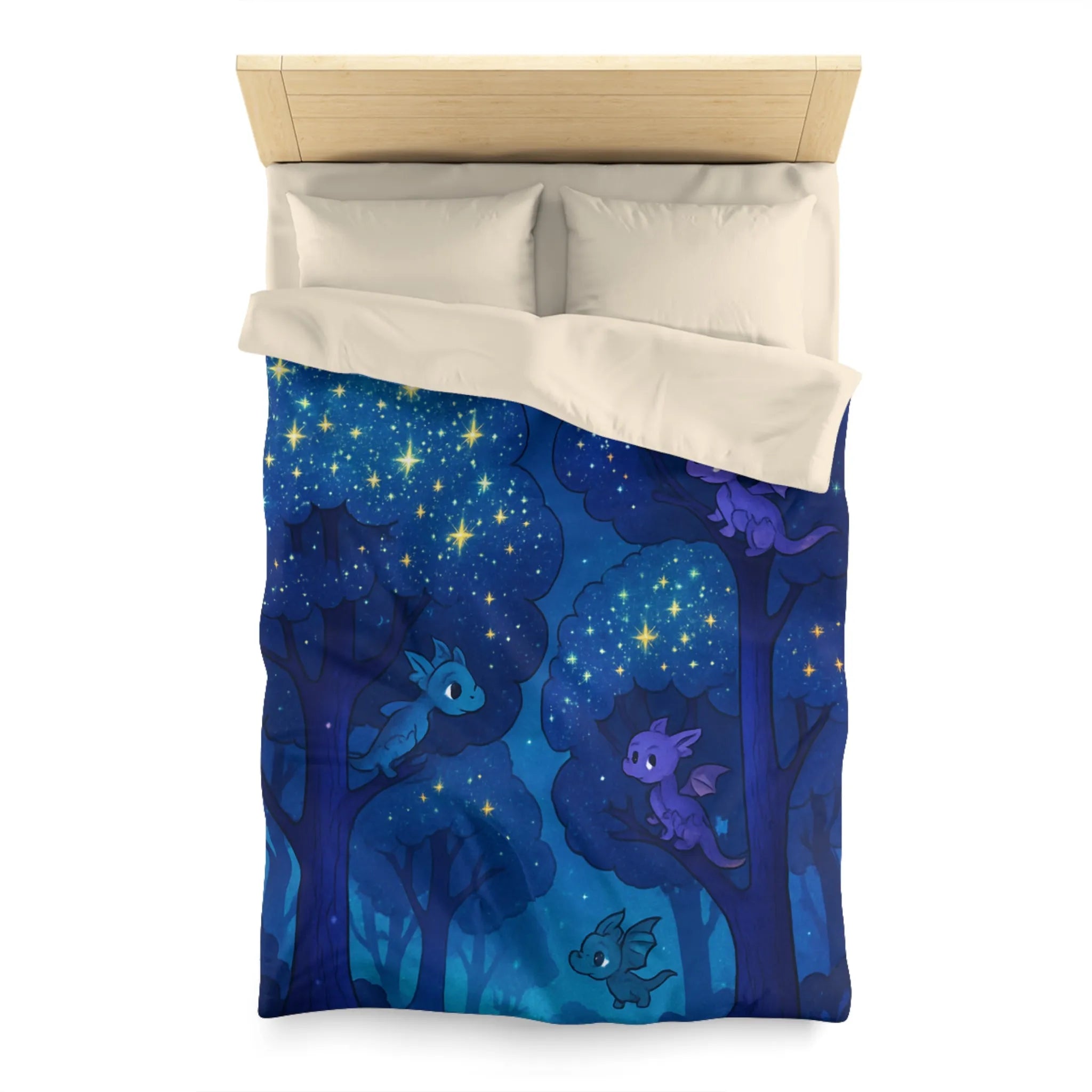 Housse de couette forêt nocturne enchantée avec dragons colorés et ciel étoilé