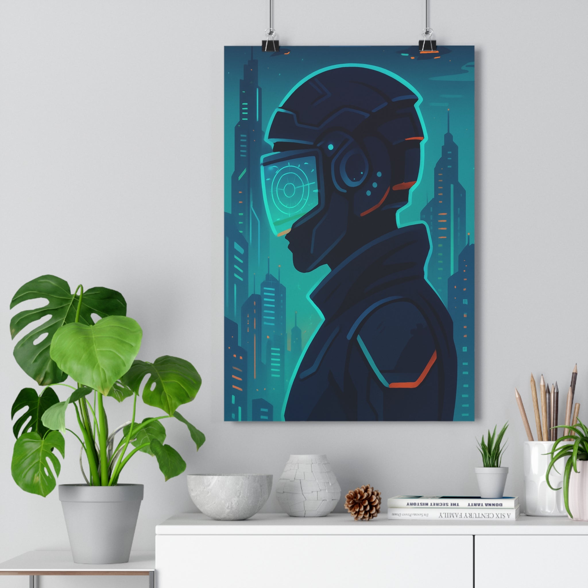 Poster décoratif futuriste cyberpunk bleu orange moderne ville dynamique chambre salon tendance design qualité