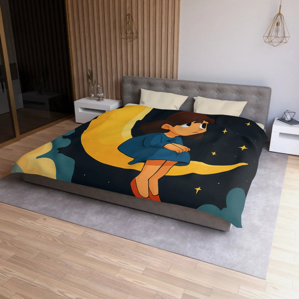 Housse de couette avec lune jaune, ciel étoilé et fille pensive en bleu