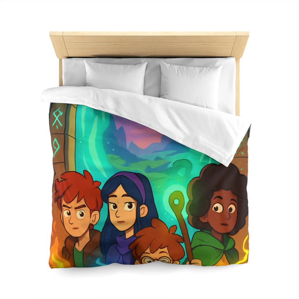 Housse de couette magique avec aventuriers devant portail et runes lumineuses